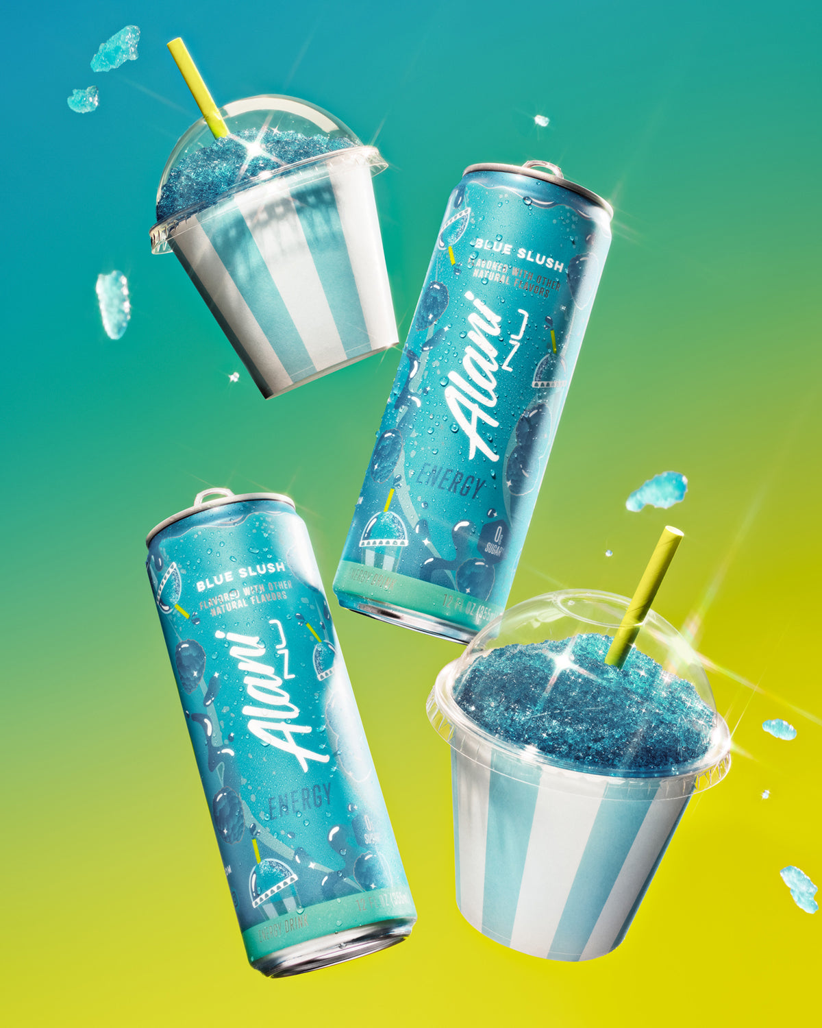 A can of Blue Slush Energy next to a striped slushie cup and blue raspberries. Tropical foliage sways in front of the blue-sky background.