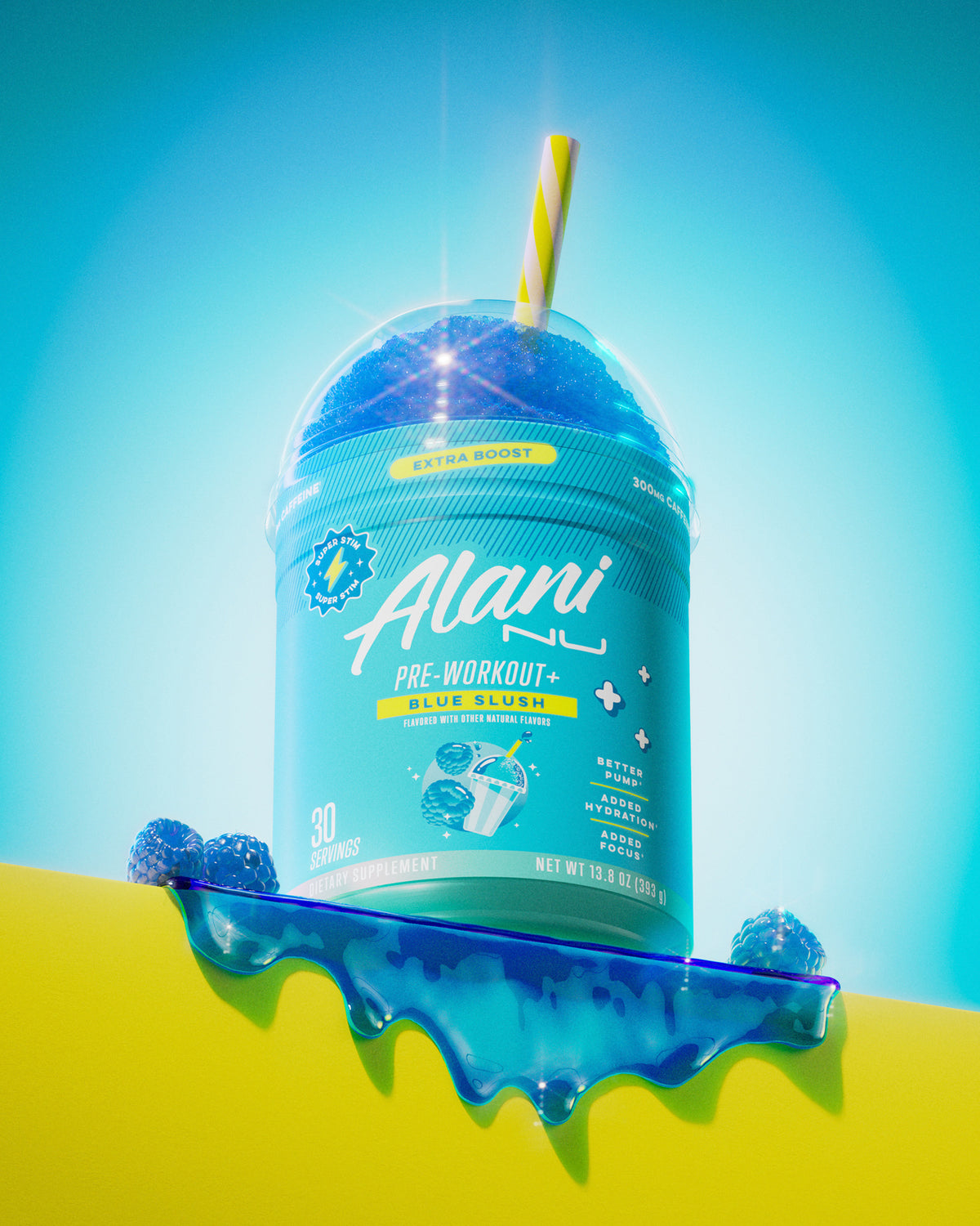 Blue Slush Pre-Workout+ topped with a scoop of slushie and a straw. Blue raspberries and sweet, flavored syrup frame the tub.