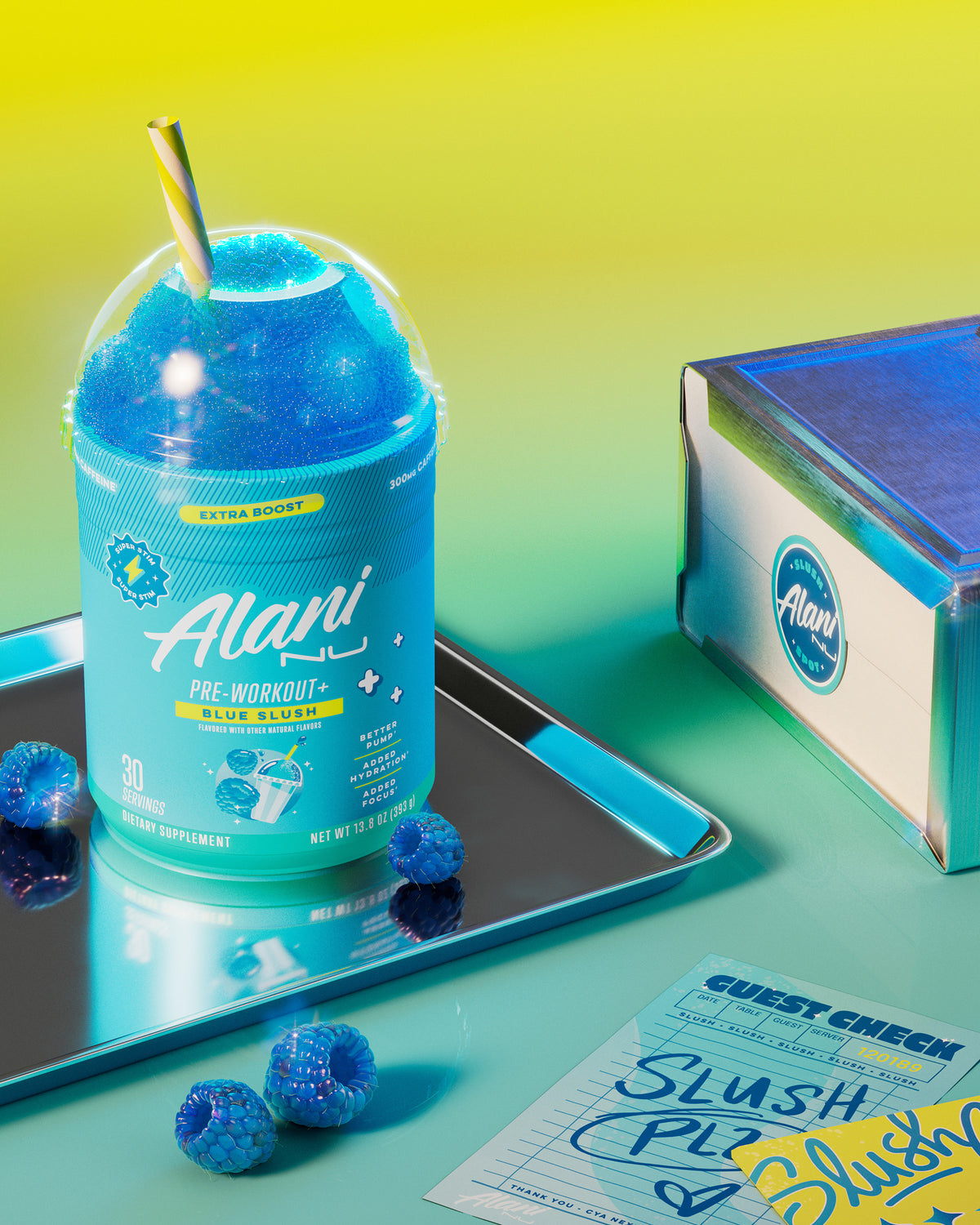 Blue Slush Pre-Workout+ topped with a scoop of slushie and a straw. The tub sits on a silver diner tray next to a guest check and a “Slush Club” loyalty card.