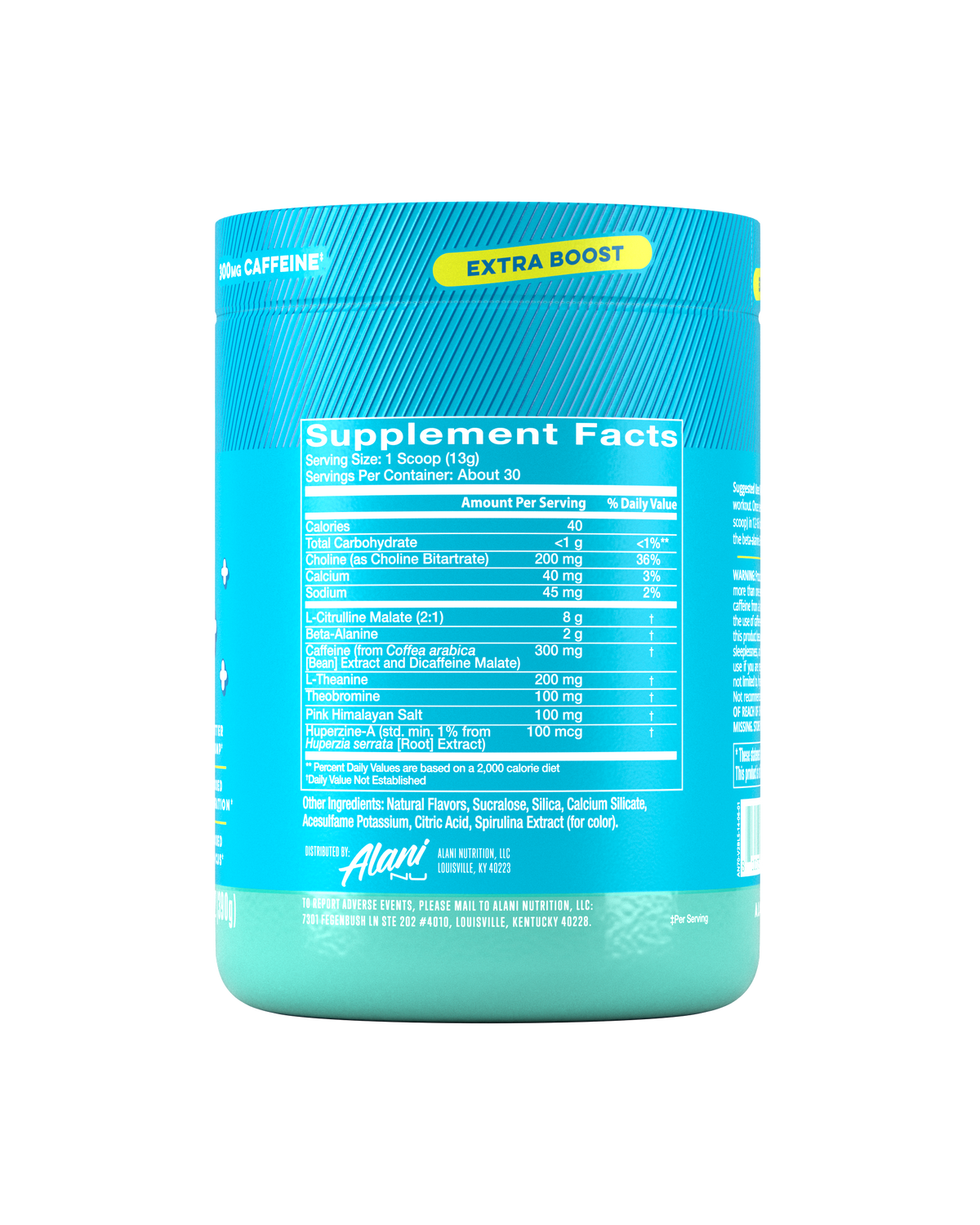 The back view of a 40-calorie Blue Slush Pre-Workout+ tub, highlighting nutrition facts and ingredients.