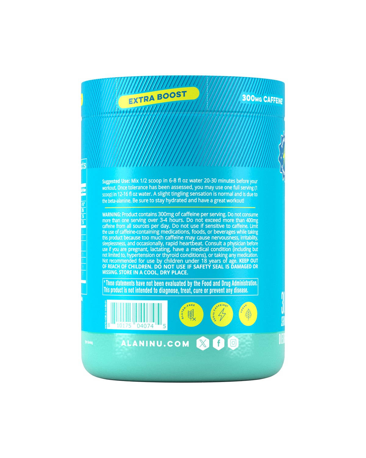 The side view of a Blue Slush Pre-Workout+ tub, gluten-free, vegan, and made with 300mg of caffeine. Suggested-use directions shown.