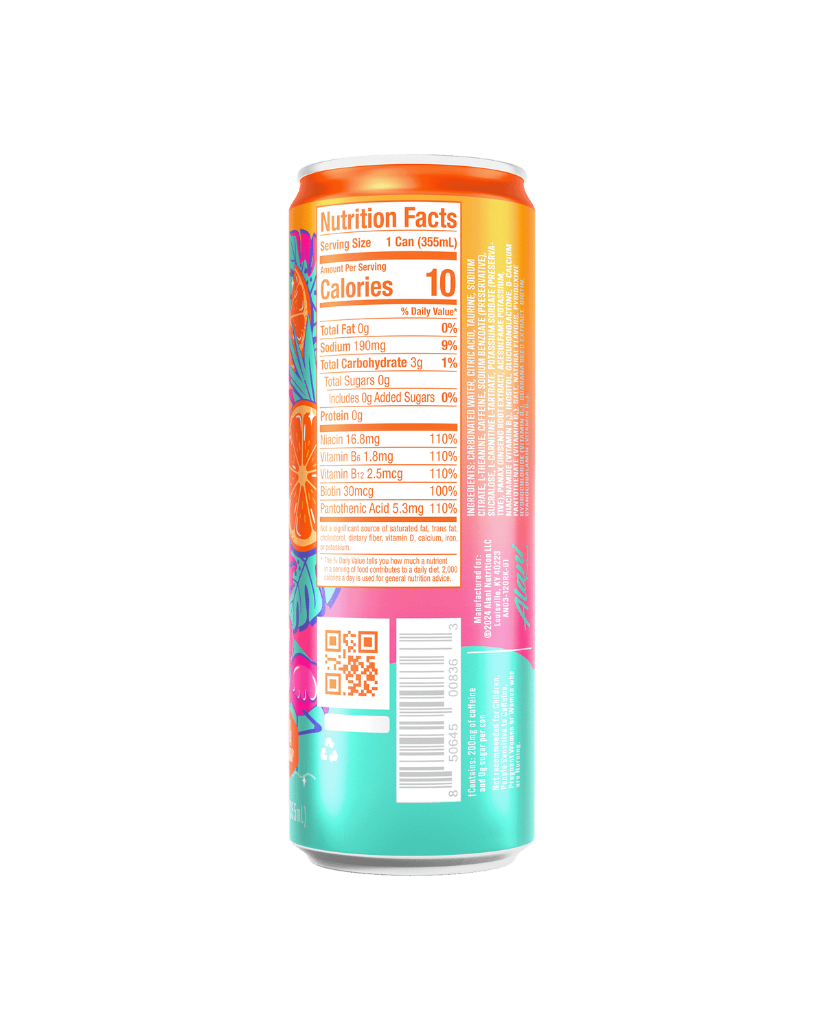 The back view of an Alani Nu Orange Kiss Energy Drink can, highlighting nutrition facts.
