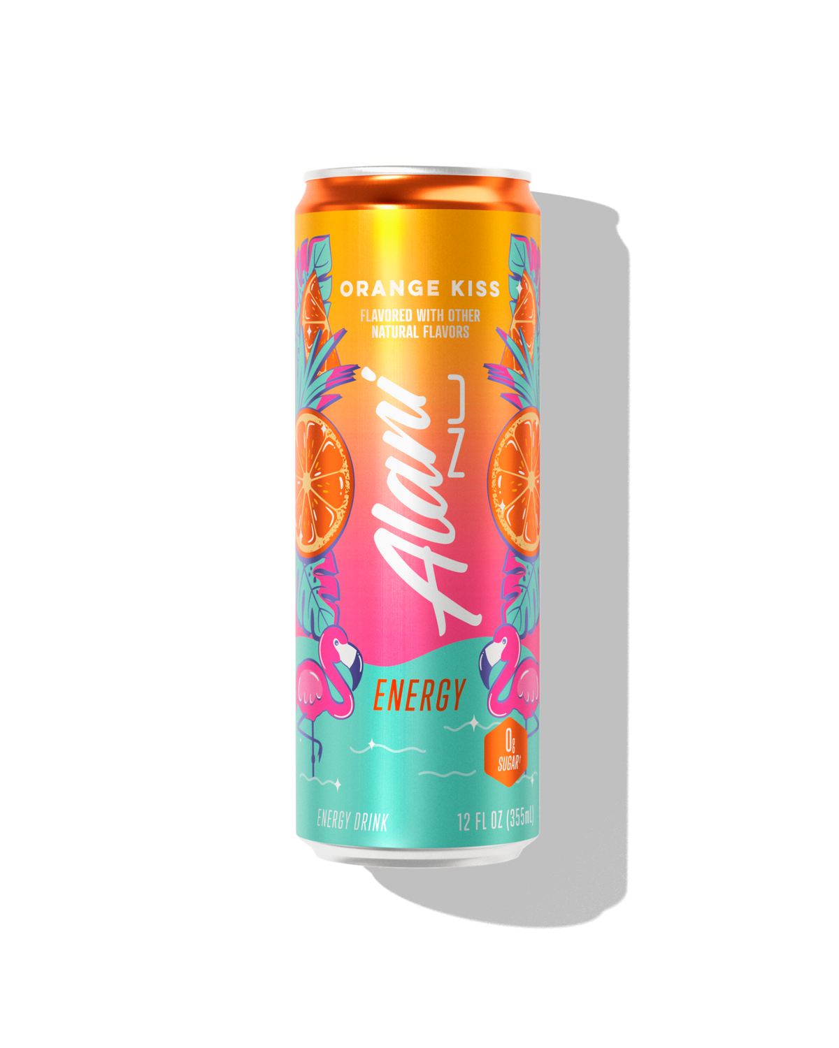 The front view of an Alani Nu Orange Kiss Energy Drink can, made with zero sugar.
