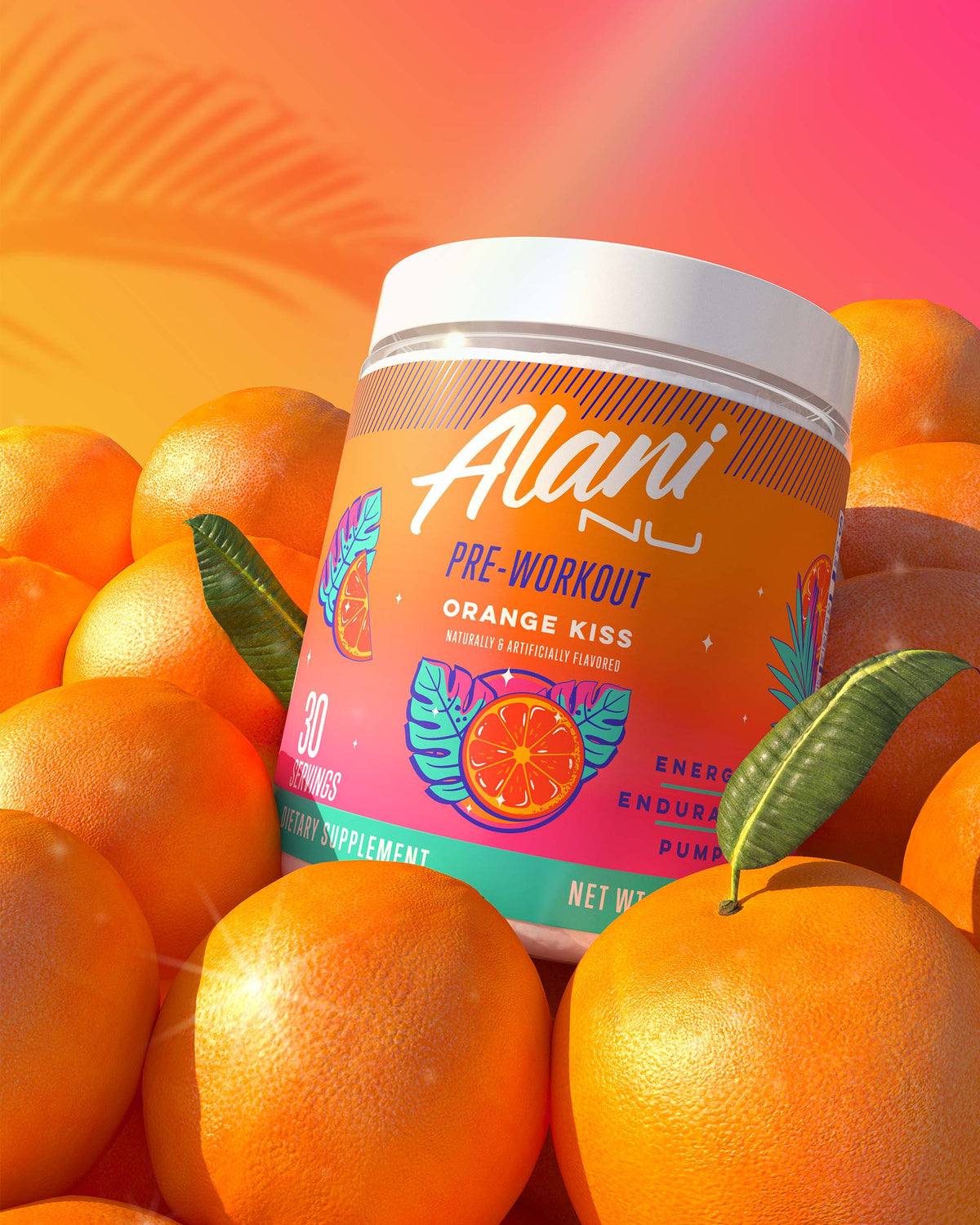 A gluten-free, thirty-serve Orange Kiss Pre-Workout nestled in a pile of sunsoaked oranges.