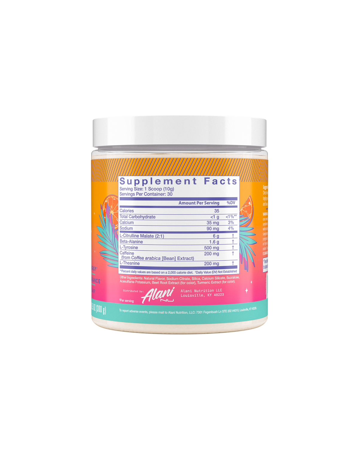 The back view of an Alani Nu Orange Kiss Pre-Workout tub, highlighting nutrition facts.