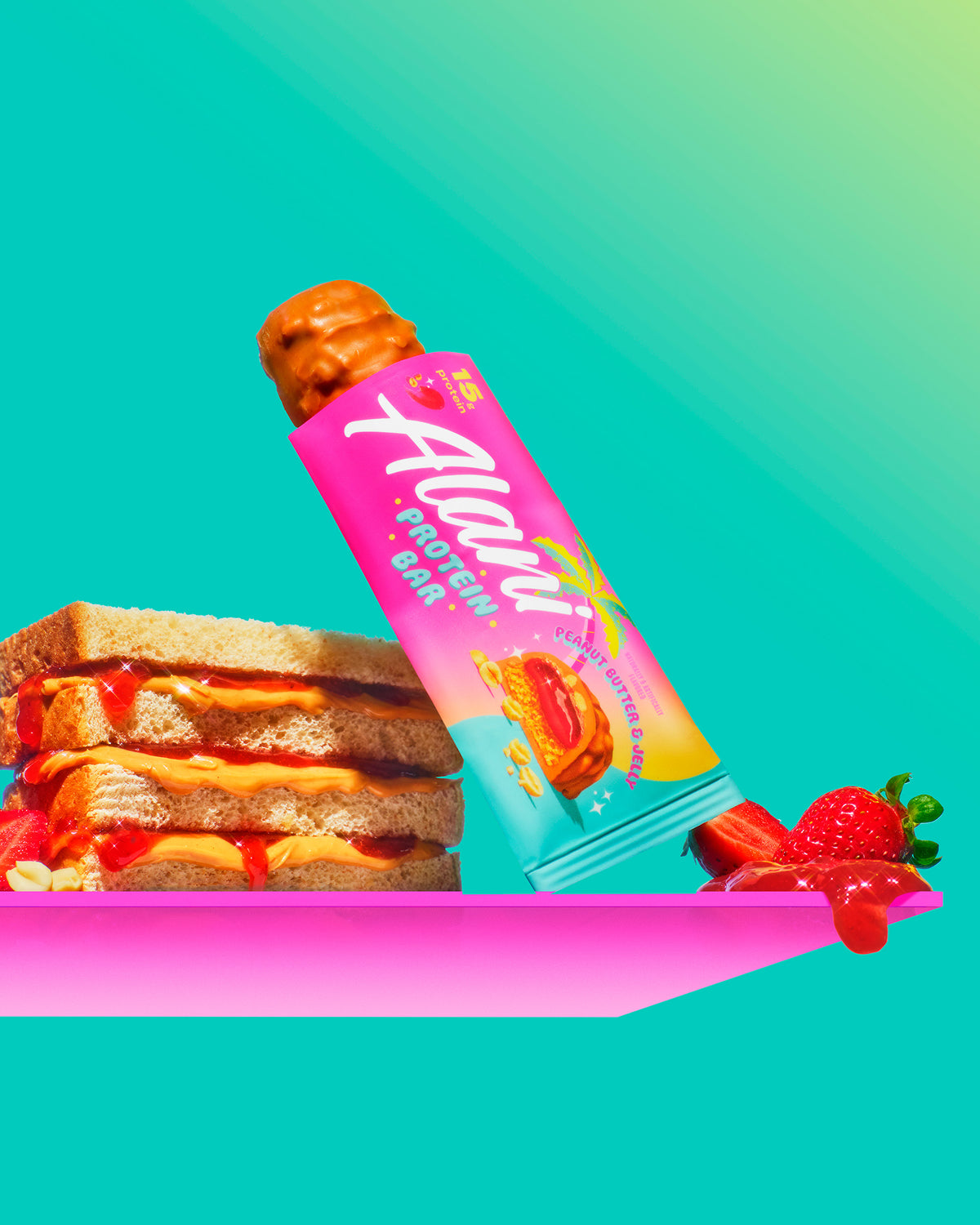A Peanut Butter & Jelly Protein sandwich alongside a serving of Peanut Butter & Jelly Protein flavor on a plate.