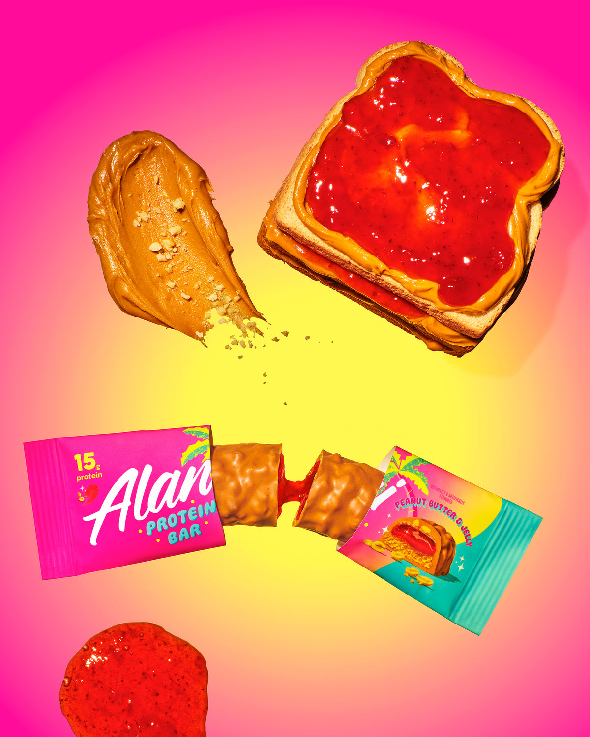 A Peanut Butter & Jelly Sandwich effortlessly separates the Peanut Butter & Jelly Protein Bar flavor into two equal halves.