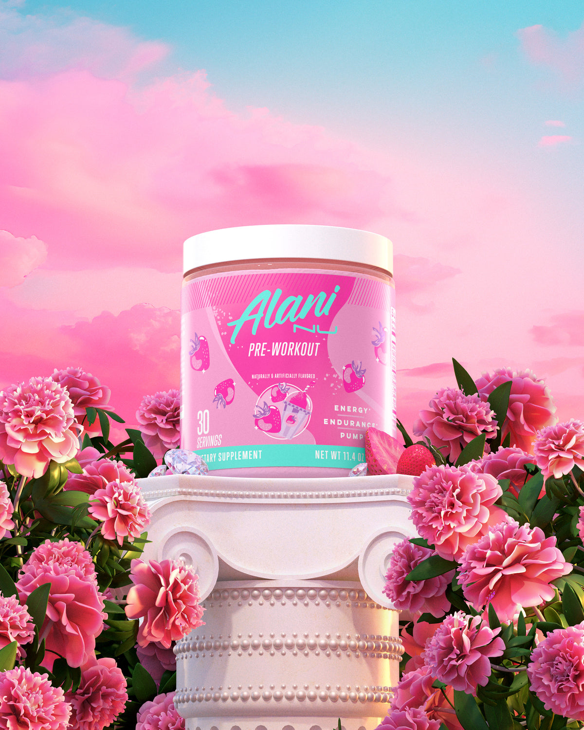 An open tub of Alani Nu Pink Slush Pre-Workout in midair as sparkling Pre-Workout, strawberries fly out of the tub.