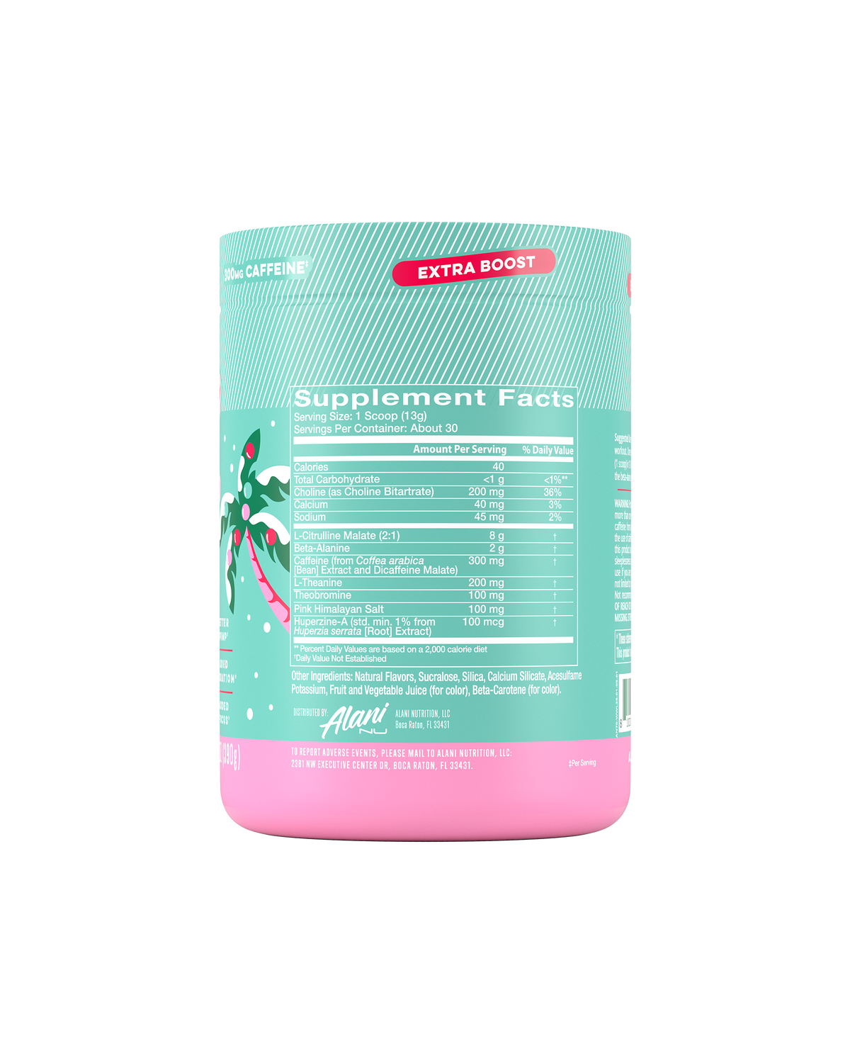 The side view of a Winter Wonderland Pre-Workout+ tub, gluten-free, vegan, and formulated with 300mg of caffeine per serving. Suggested-use directions and warning shown.