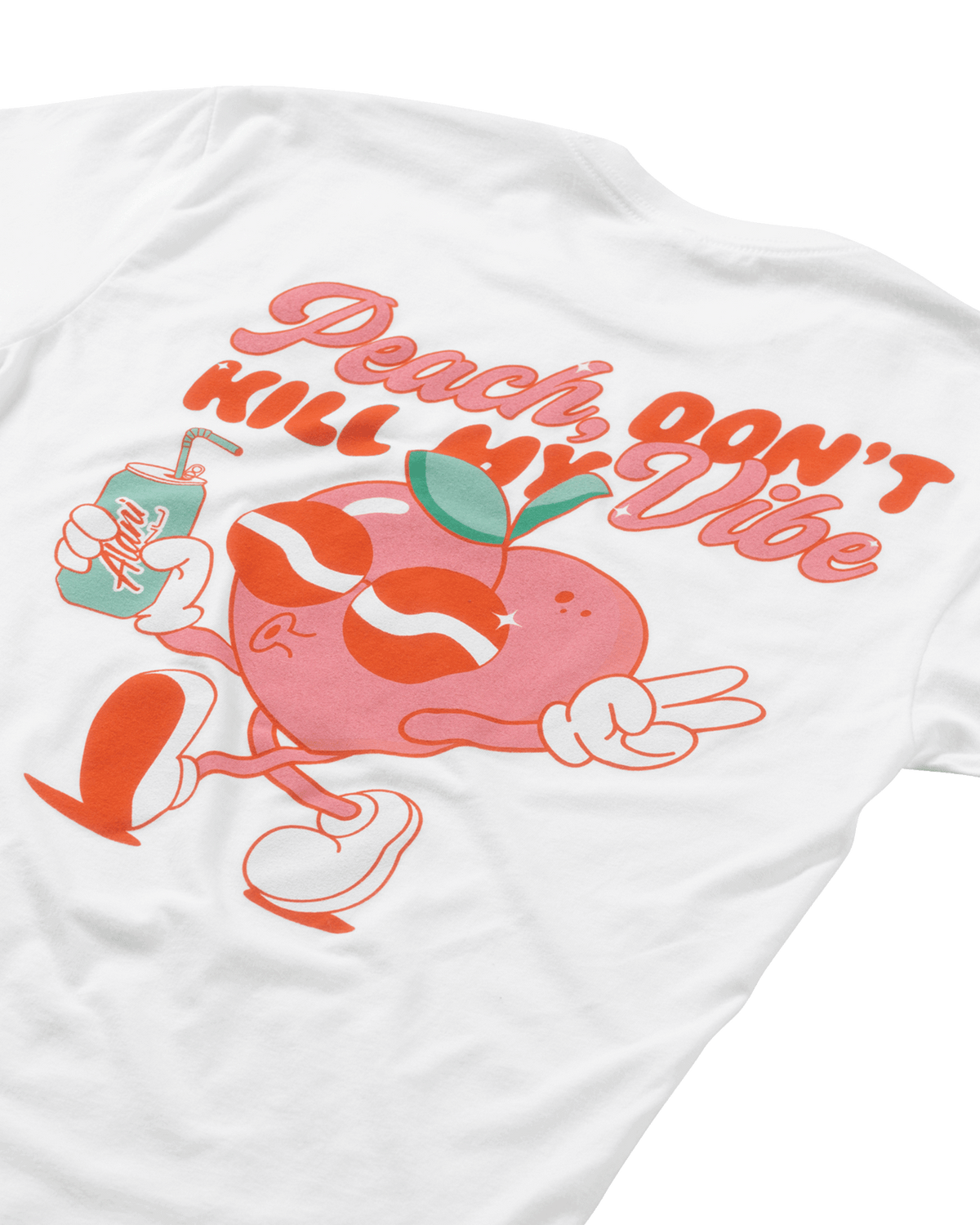 A close up view of a T-shirt showcasing a heart shaped peach holding Peach Energy Drink in hand.