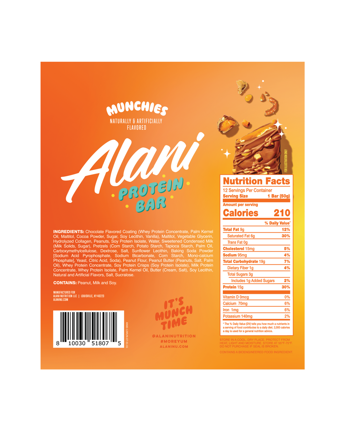 A back view of protein bar in flavor munchies displaying nutrition facts.