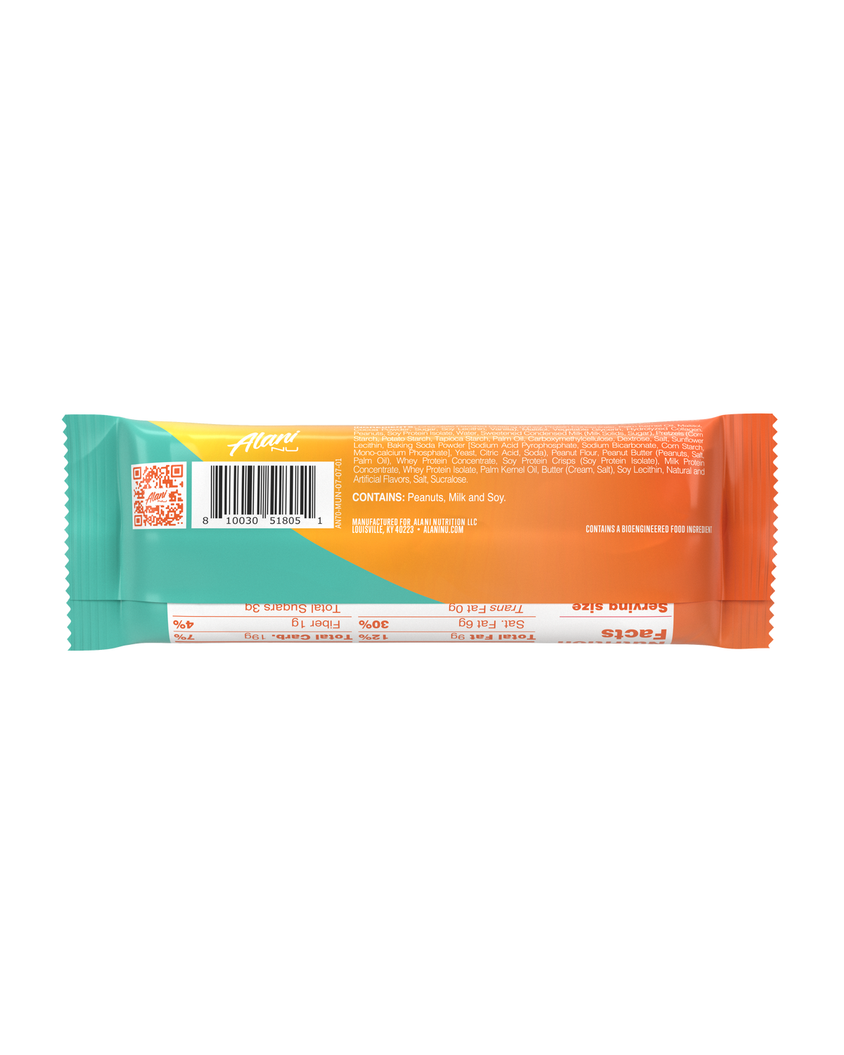 A back view of protein bar in flavor munchies displaying nutrition facts.
