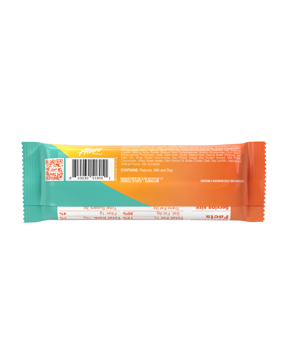 A back view of protein bar in flavor munchies displaying nutrition facts.