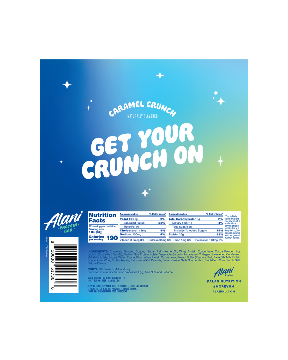 A nutrition facts label of Protein Bars in Caramel Crunch flavor.