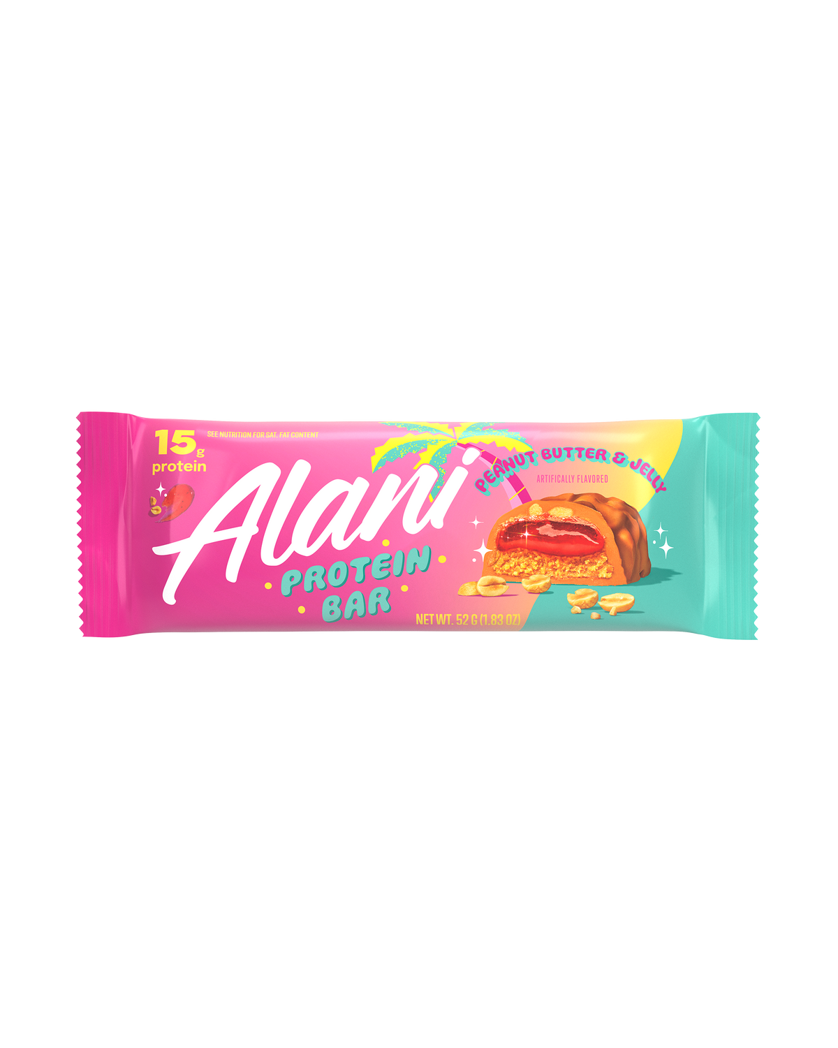 A horizontal  Protein Bar in Peanut Butter &amp; Jelly flavor.