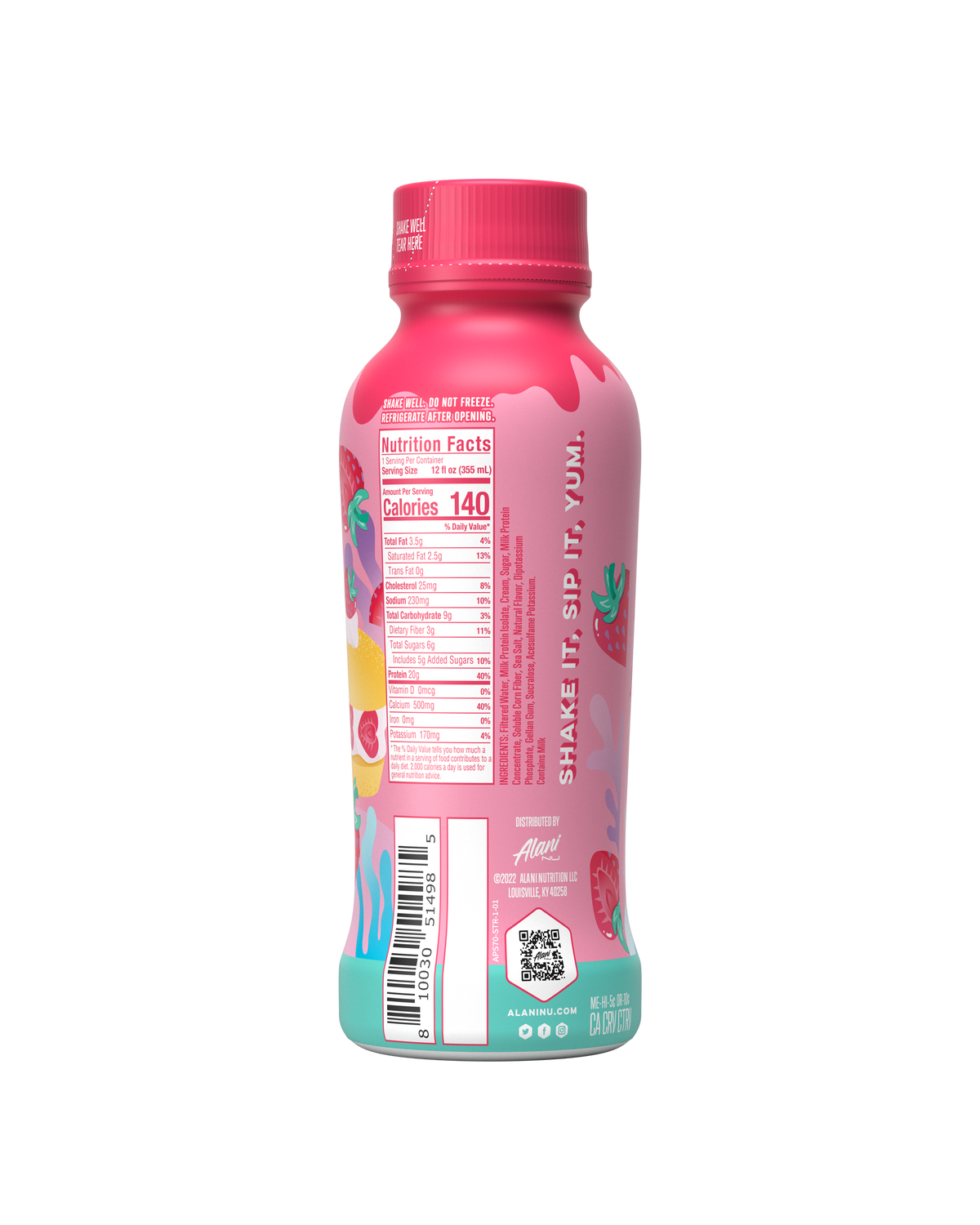 A back view of Protein Shake in Strawberry Shortcake flavor highlighting nutrition facts.