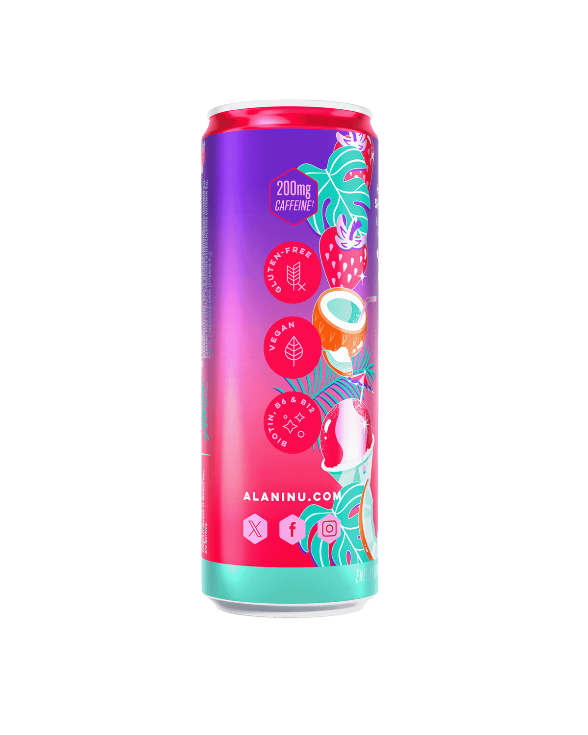 The side view of an Alani Nu Hawaiian Shaved Ice Energy Drink can, showcasing product details. 