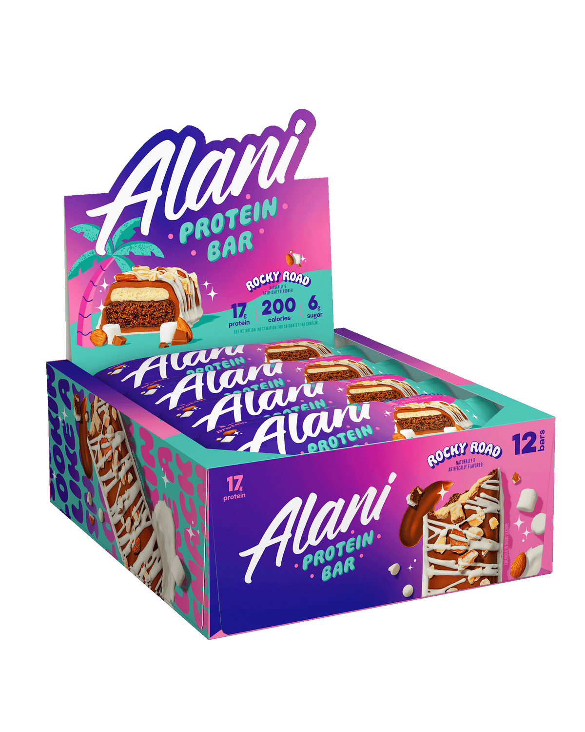 A 12-pack Protein Bar in Rocky Road flavor.