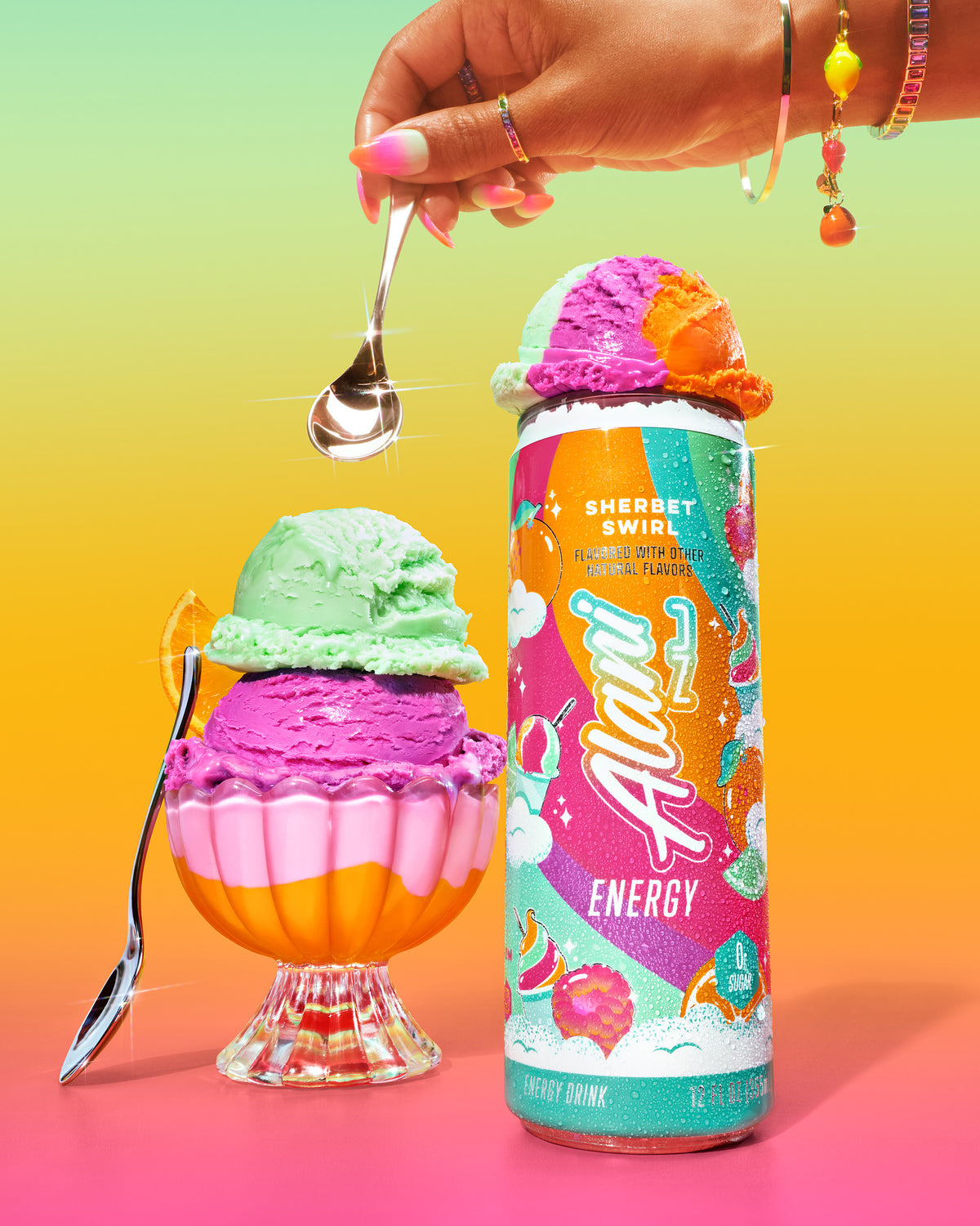 A woman's hand reaching for a rainbow sherbet sundae with a silver spoon. To the right sits a sherbet-topped Alani Nu Energy Drink.