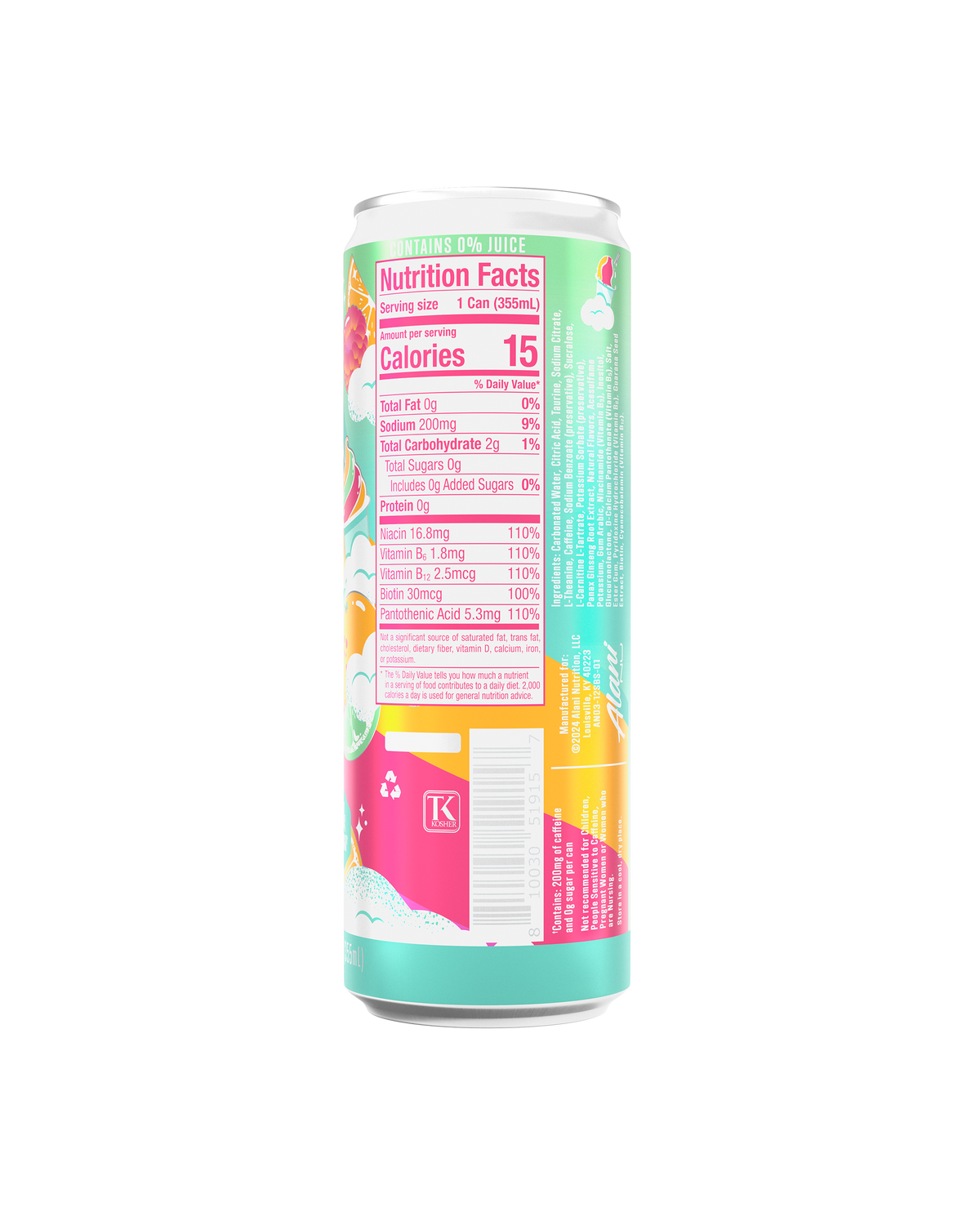 The back view of a 15-calorie Sherbet Swirl Energy Drink, highlighting nutrition facts and ingredients.