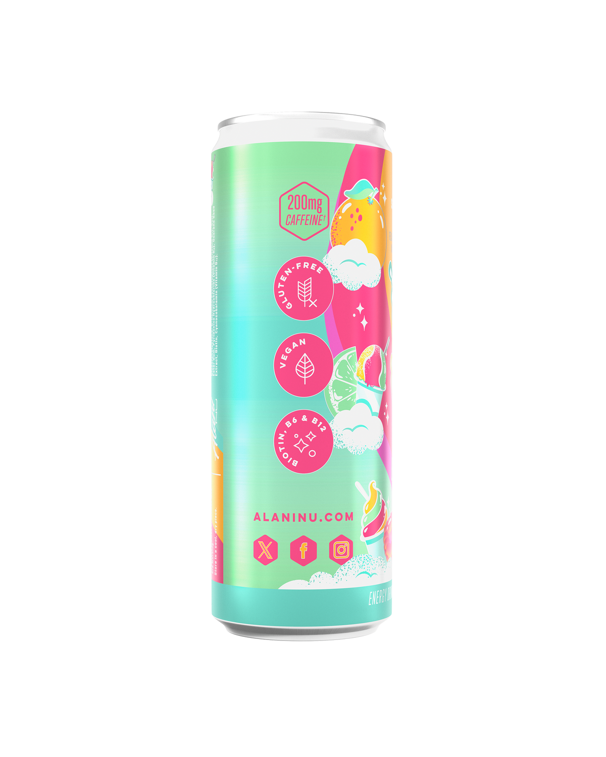 The side view of a Sherbet Swirl Energy Drink, gluten-free, vegan, and made with B vitamins and 200mg of caffeine.
