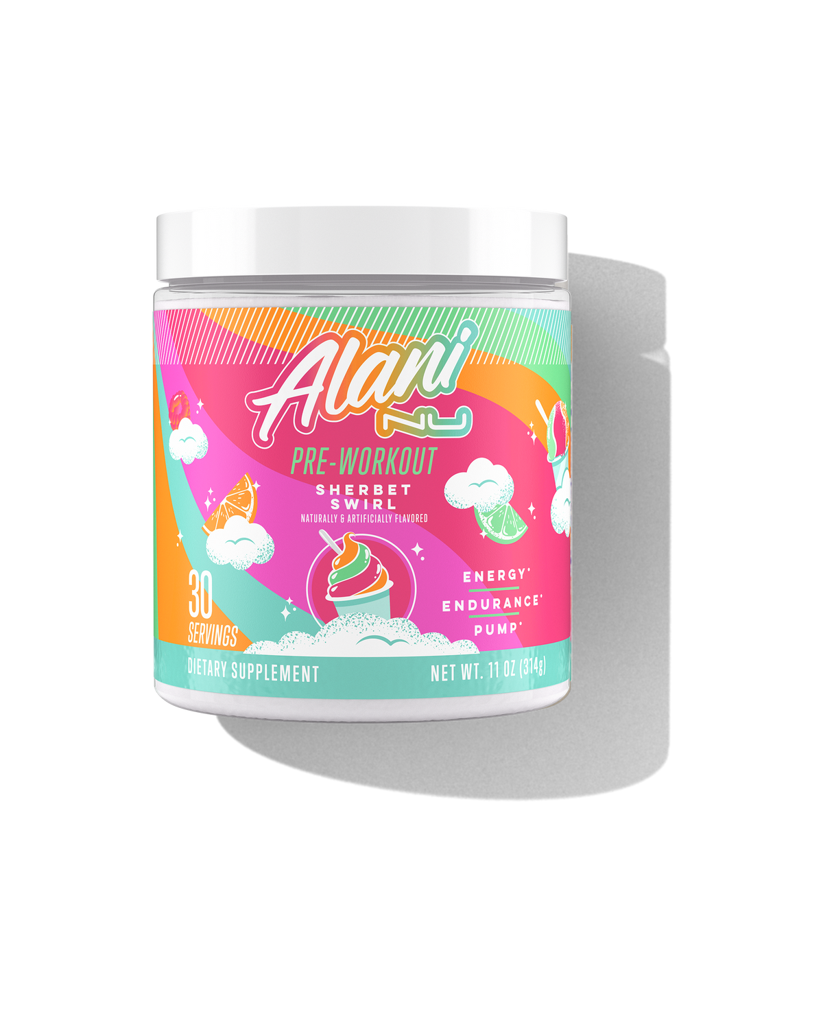 The front view of a 30-serve tub of Alani Nu Sherbet Swirl Pre-Workout, naturally and artificially flavored and made to support energy, endurance, and pump.