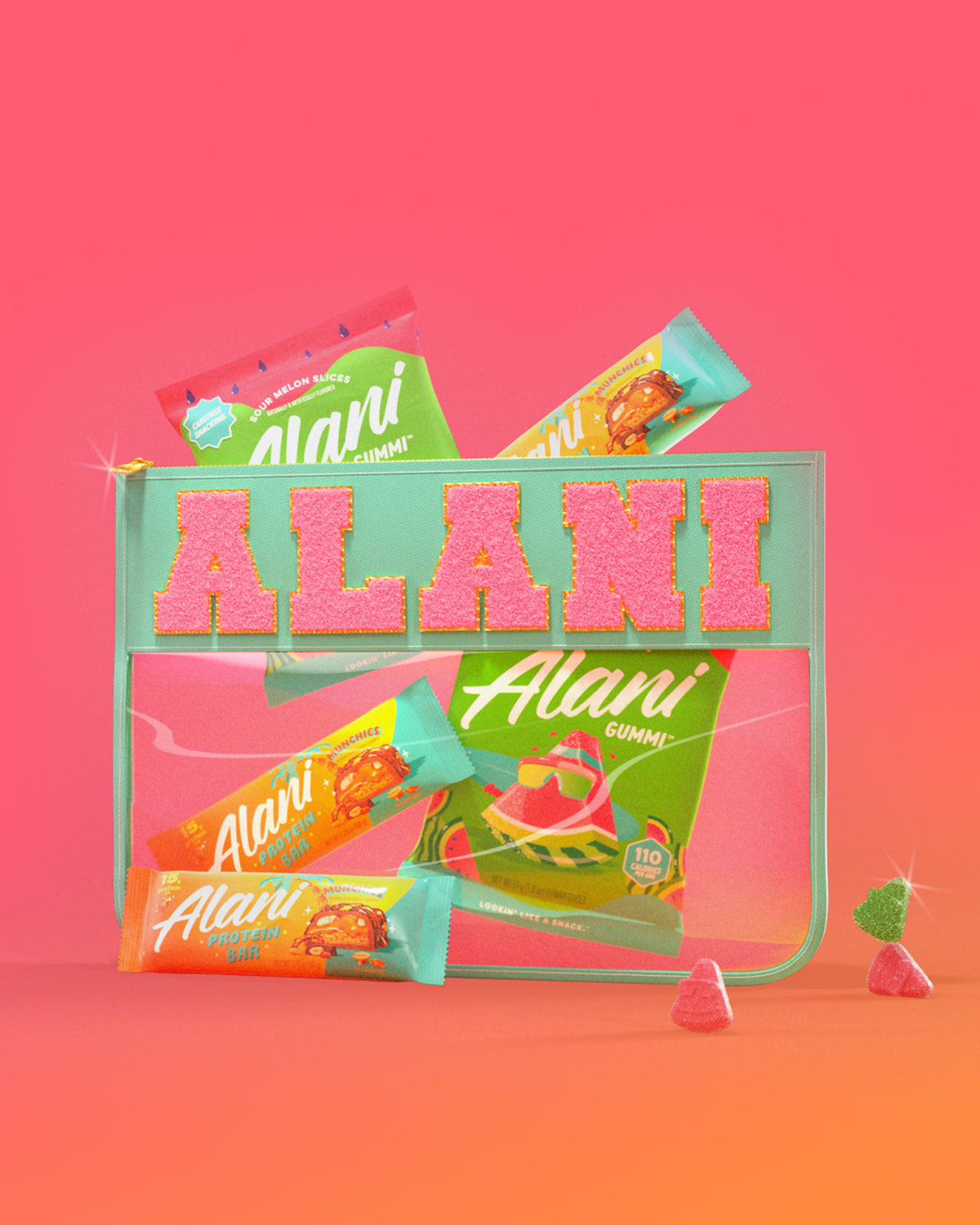 A clear branded Alani Nu pouch with pink chenille lettering. Inside: 2 Sour Melon Slices bags and 2 Munchies Protein Bars on orange to pink gradient background. 3 Sour Melon Slices in foreground.
