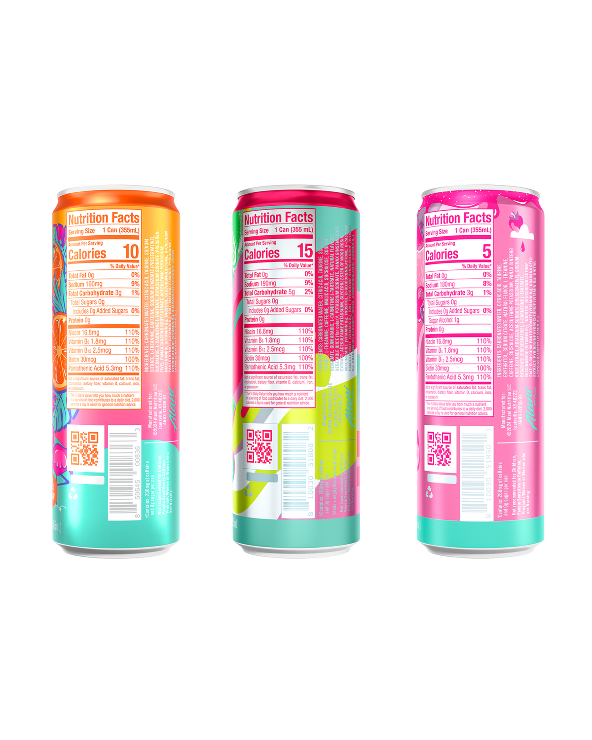 The back views of a 10-calorie Orange Kiss Energy, a 15-calorie Cherry Twist Energy, and a 5-calorie Pink Slush Energy, highlighting each can's nutrition facts and ingredients.