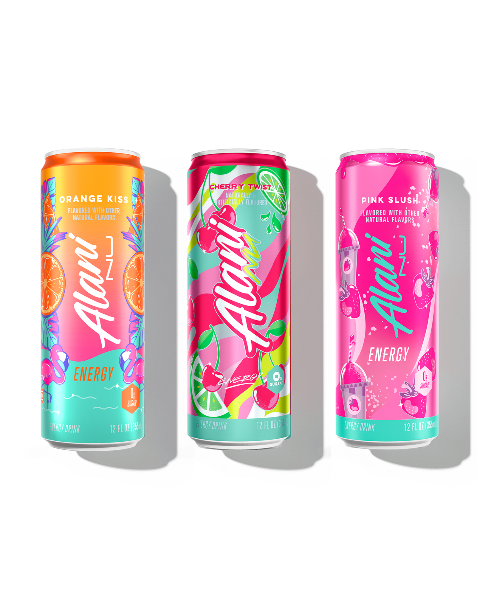 The front view of 3 sugar-free, 12oz Alani Nu Energy Drinks—Orange Kiss (flavored with other natural flavors), Cherry Twist (naturally and artificially flavored), and Pink Slush (flavored with other natural flavors).