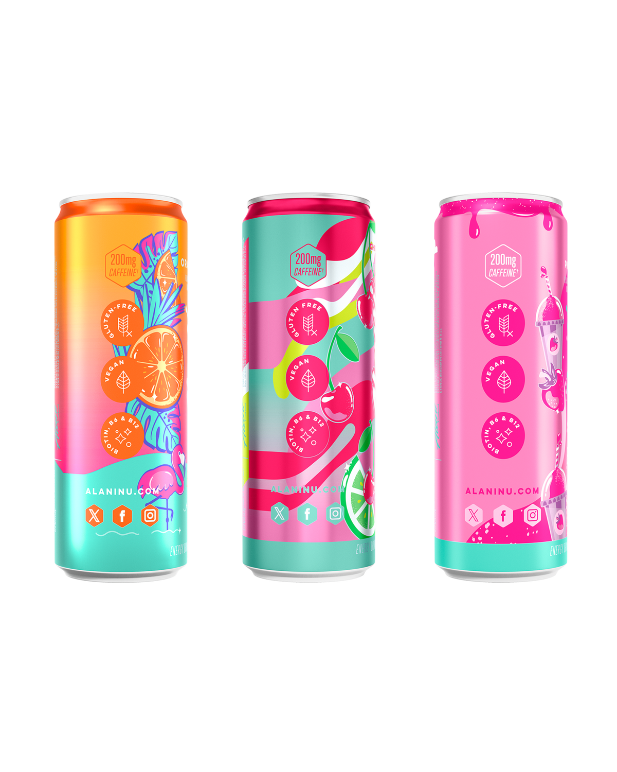The side views of Alani’s Orange Kiss, Cherry Twist, and Pink Slush Energy Drinks—each gluten-free, vegan, and made with B vitamins and 200mg of caffeine.