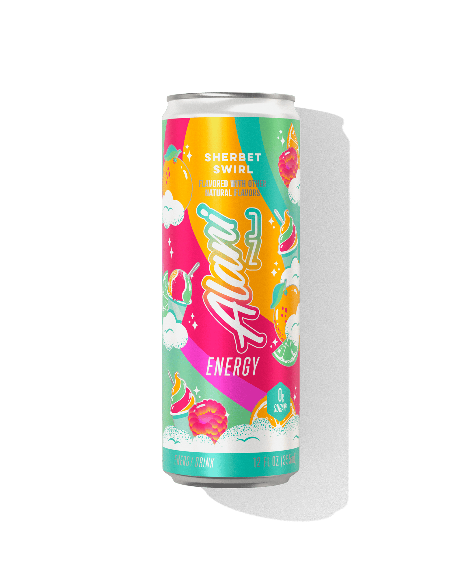 The front view of a sugar-free 12oz can of Sherbet Swirl Alani Nu Energy, flavored with other natural flavors.