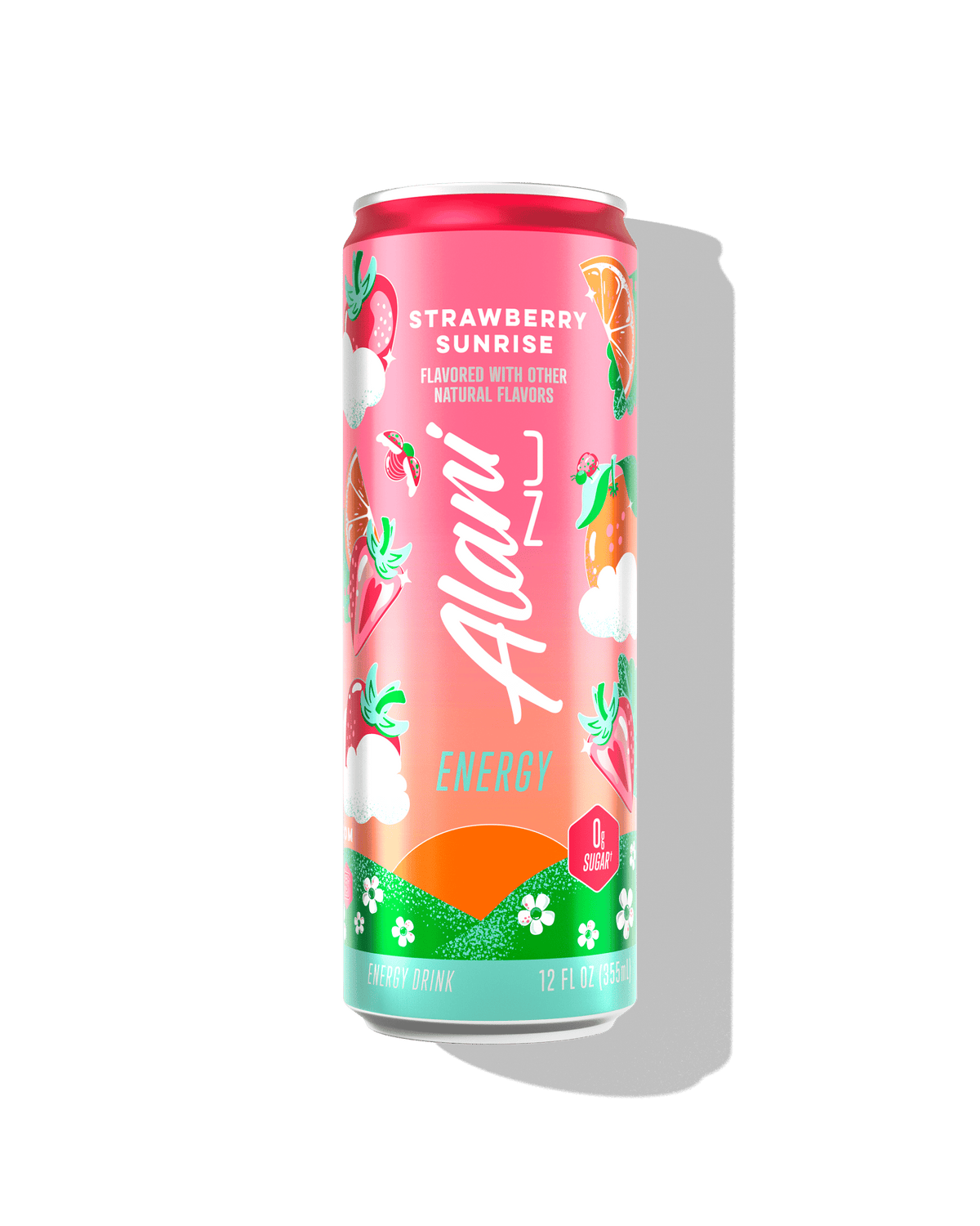 The front view of a sugar-free 12oz can of Strawberry Sunrise Alani Nu Energy, flavored with other natural flavors.