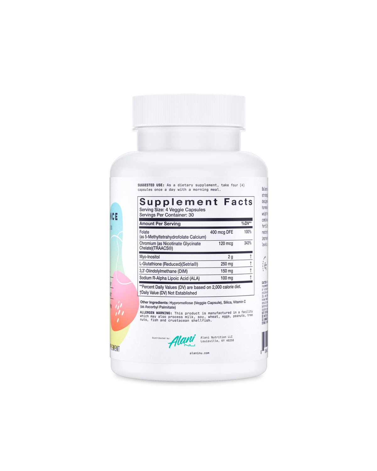 A back view of Balance Capsules highlighting the specifics of the supplement facts.