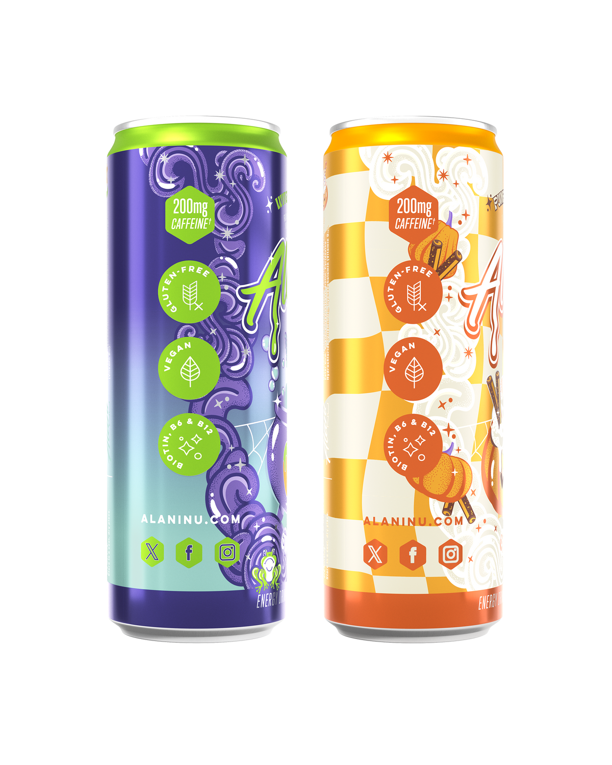 The side view of a Witch's Brew Mini Energy Drink, gluten-free, vegan, and made with B vitamins and 100mg of caffeine per serving.