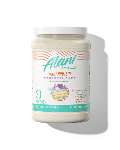 A 30 serving container of Whey Protein in Confetti Cake flavor.