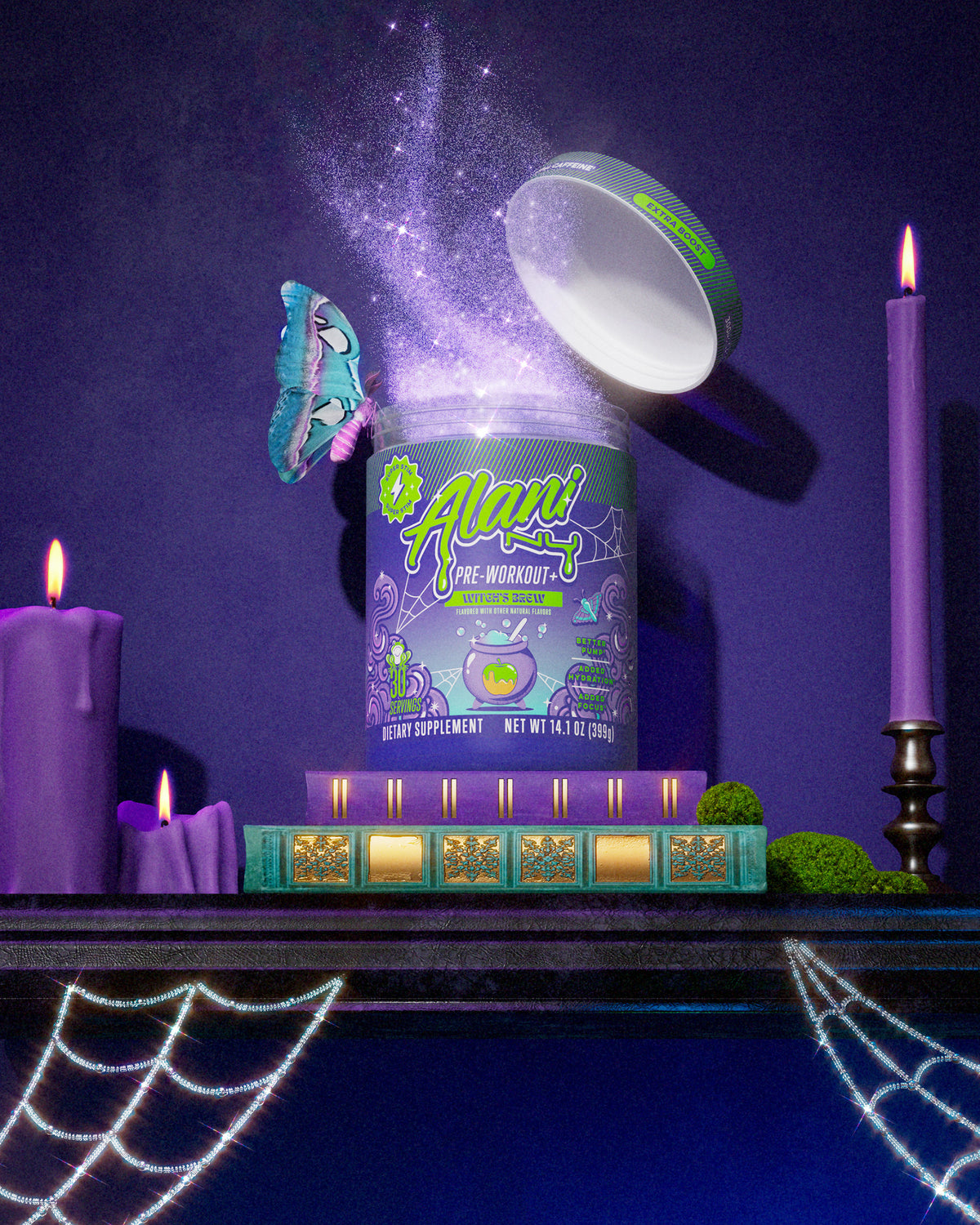 A caramel apple leaning on Alani Nu's fall Witch's Brew Energy Drink and Pre-Workout+ atop a mossy garden wall. Bejeweled cobwebs fill the frame.