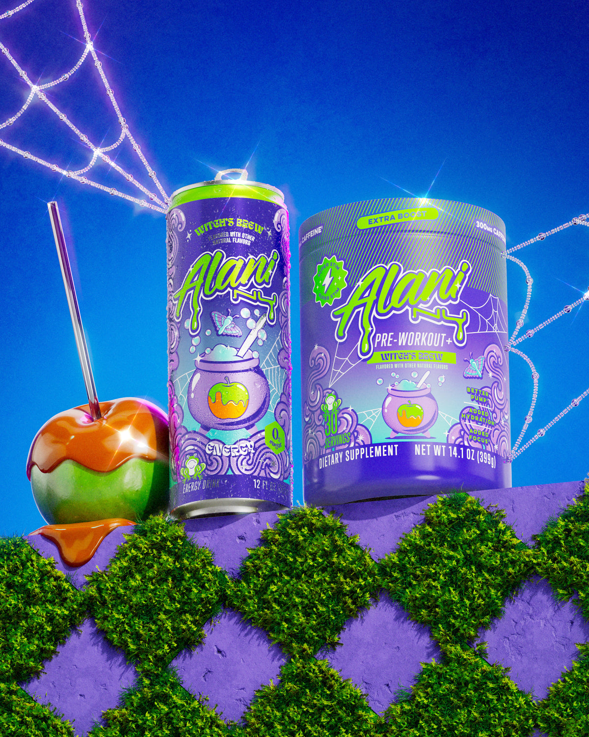 A can and container of Alani Nu Pre-Workout+ - Witch's Brew caramel-apple supplement are shown on a purple surface with moss and a caramel apple, set against a blue backdrop with a spider web—great for boosting your gym energy.