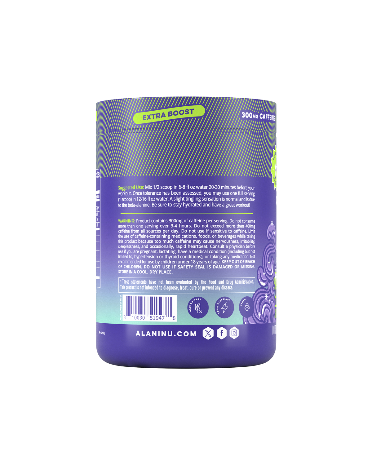 "The side view of a Witch's Brew Pre-Workout+ tub, gluten-free, vegan, and formulated with 300mg of caffeine per serving. Suggested-use directions and warning shown.	"