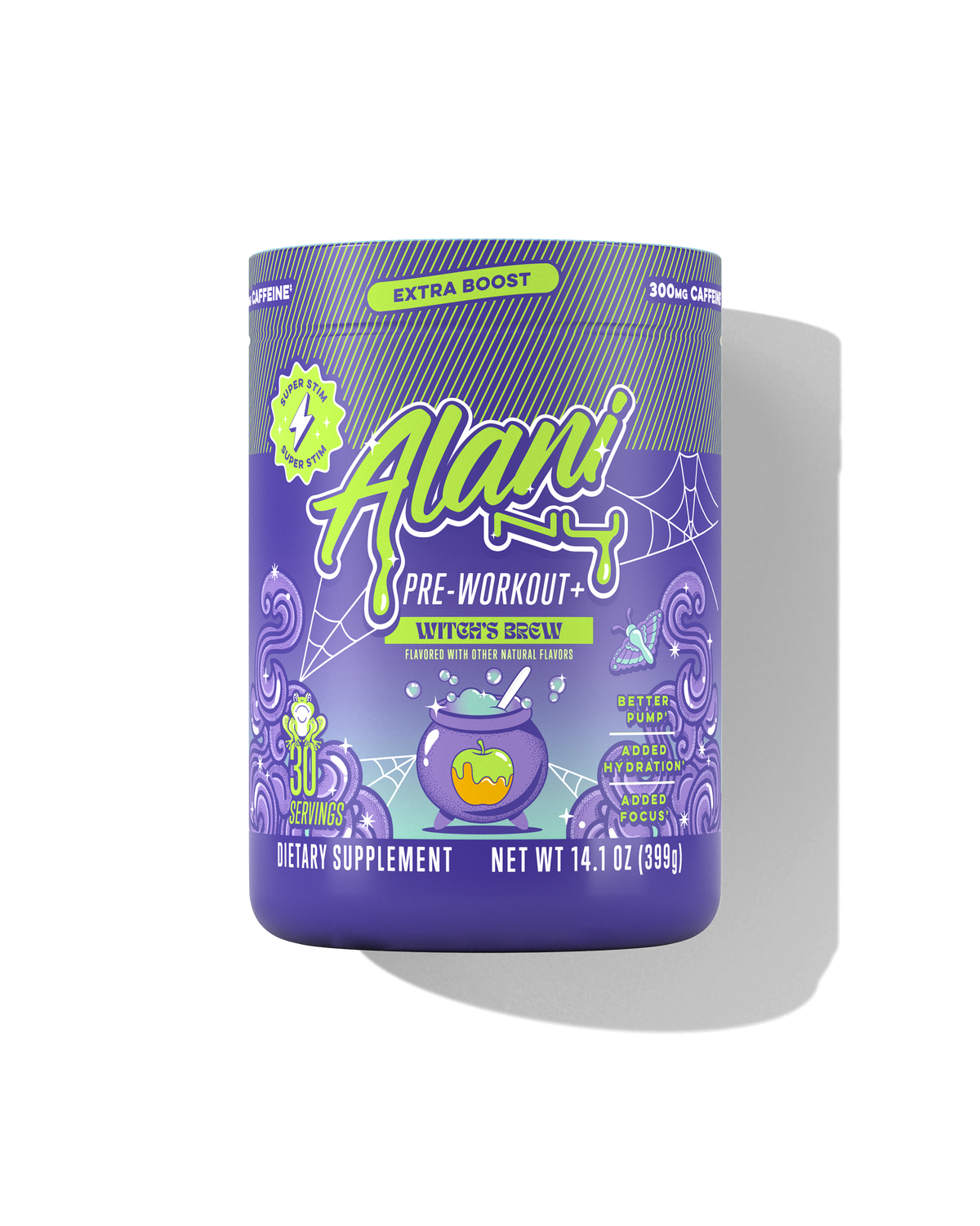 The front view of a 30-serve tub of Alani Nu Witch's Brew Pre-Workout+, flavored with other natural flavors and made to support better pump, added hydration, and added focus.*