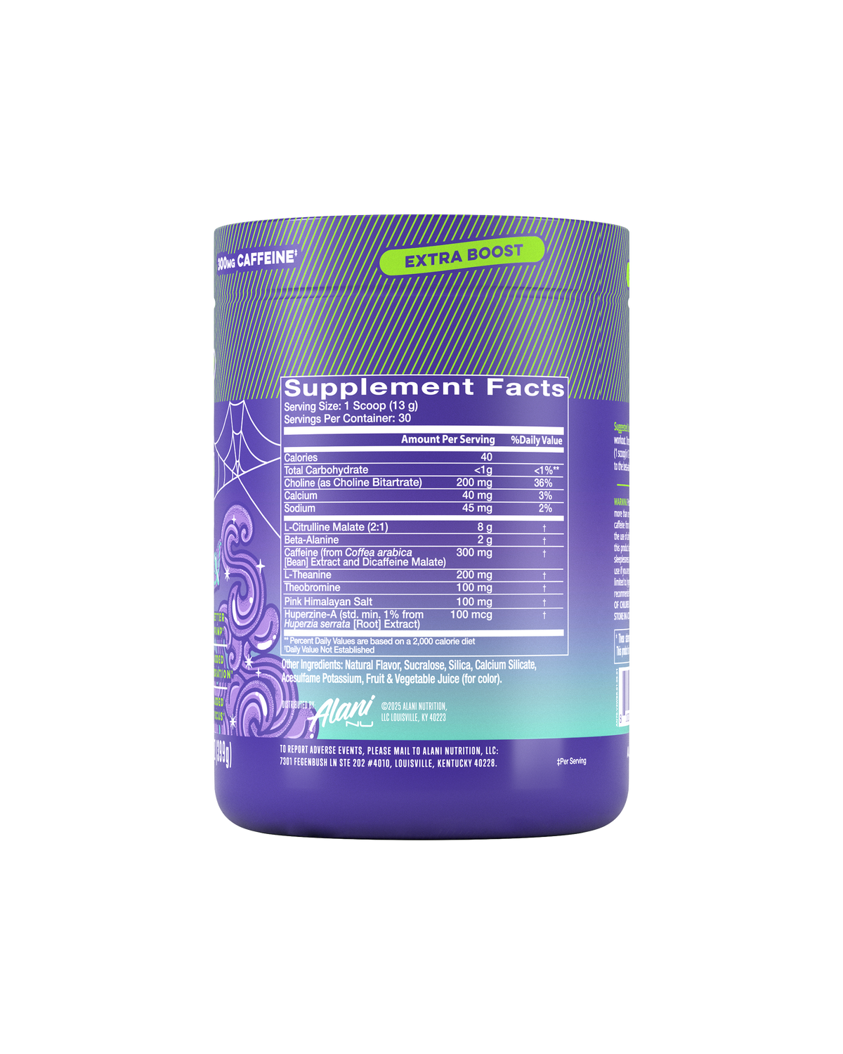 The back view of a 40-calorie, super-stim Witch's Brew Pre-Workout+ tub, highlighting supplement facts and ingredients.*