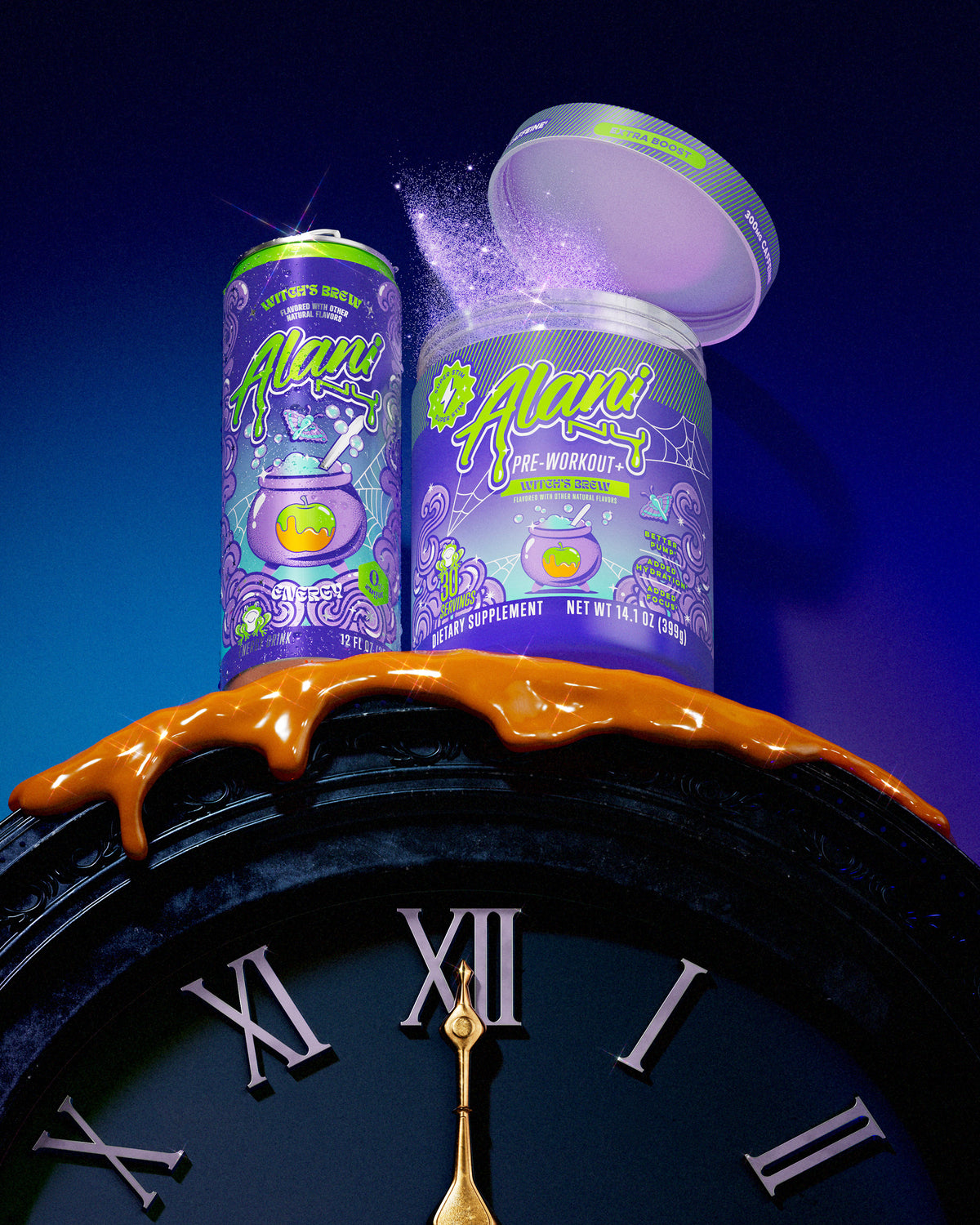 Alani Nu's seasonal Energy Drink and Pre-Workout+ perched on a clock. Sweet caramel pools beneath the two as midnight approaches.