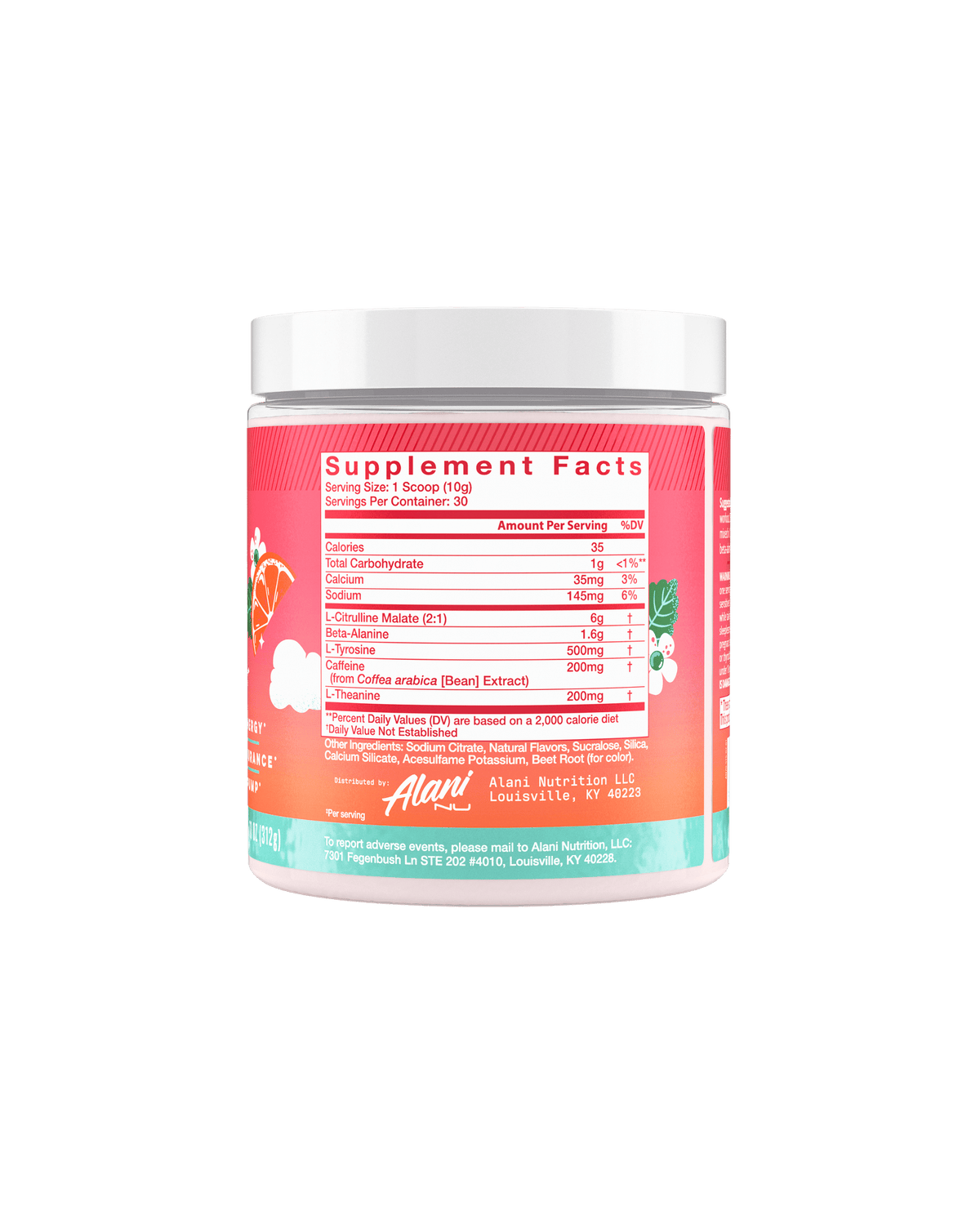 The back view of a 35-calorie Strawberry Sunrise Pre-Workout tub, highlighting nutrition facts and ingredients.