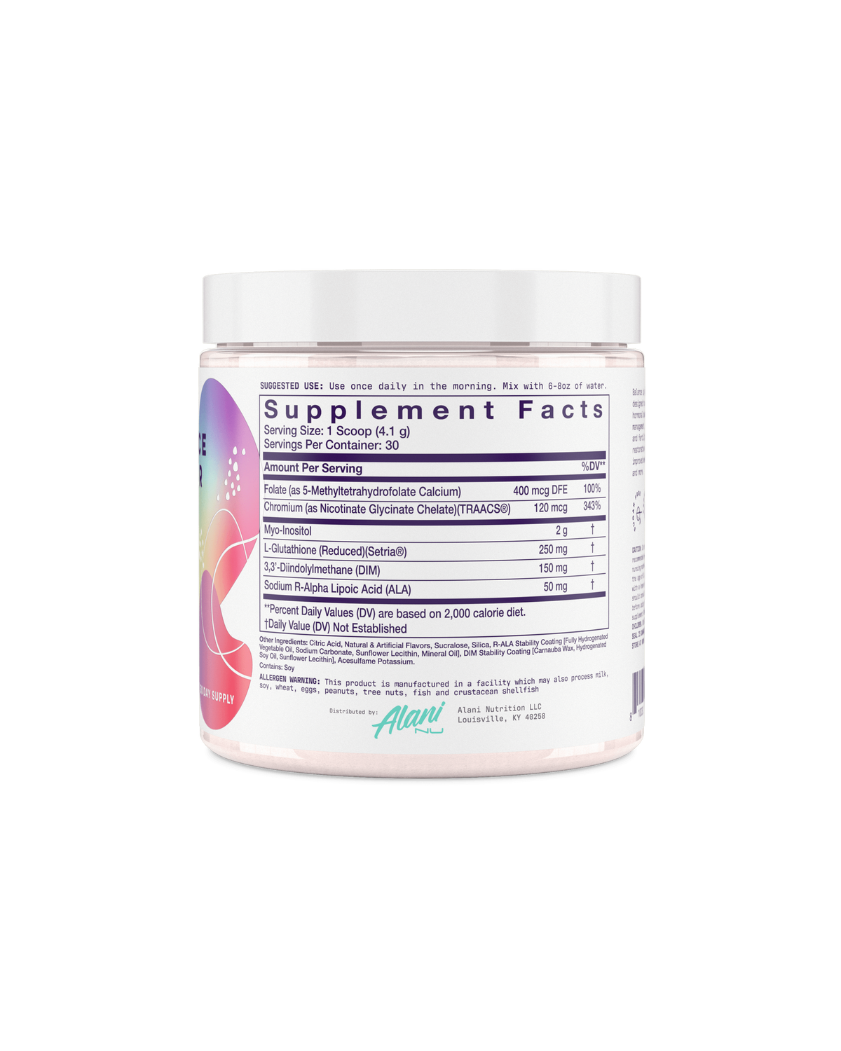 A back view of Balance Powder in rainbow candy  flavor highlighting supplement facts. 