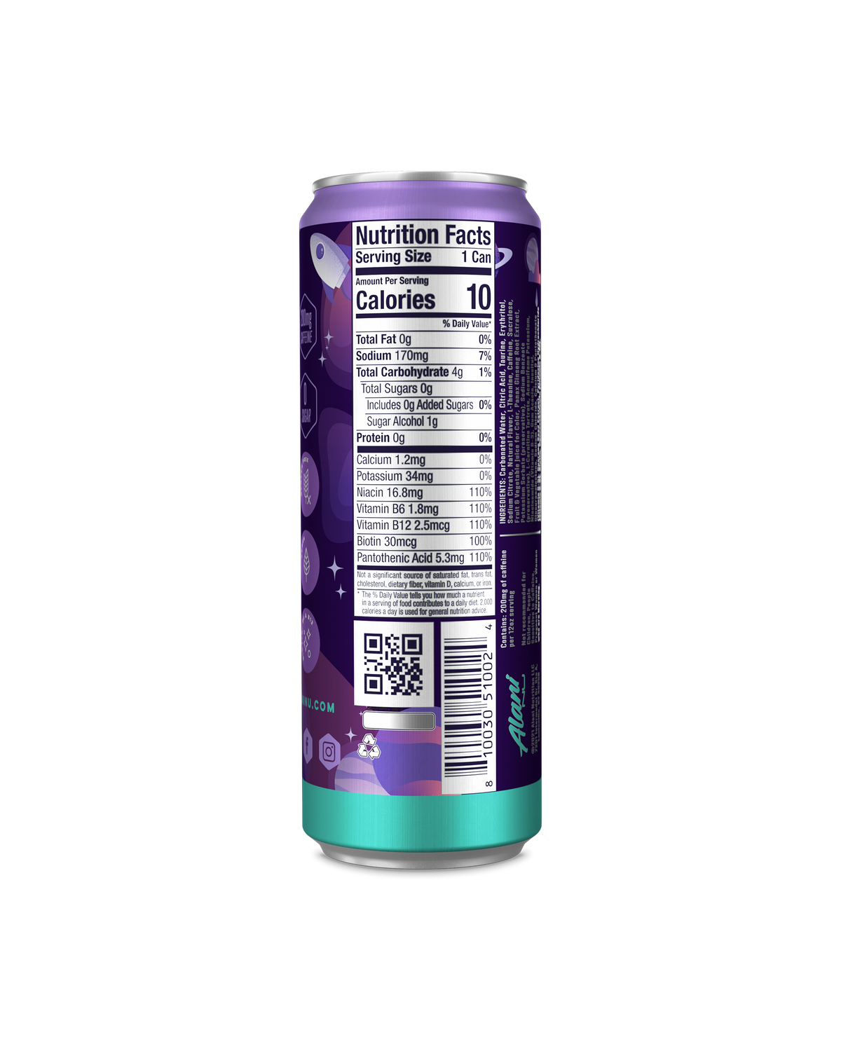 A back view of Energy Drink in Cosmic Stardust flavor highlighting nutrition facts.
