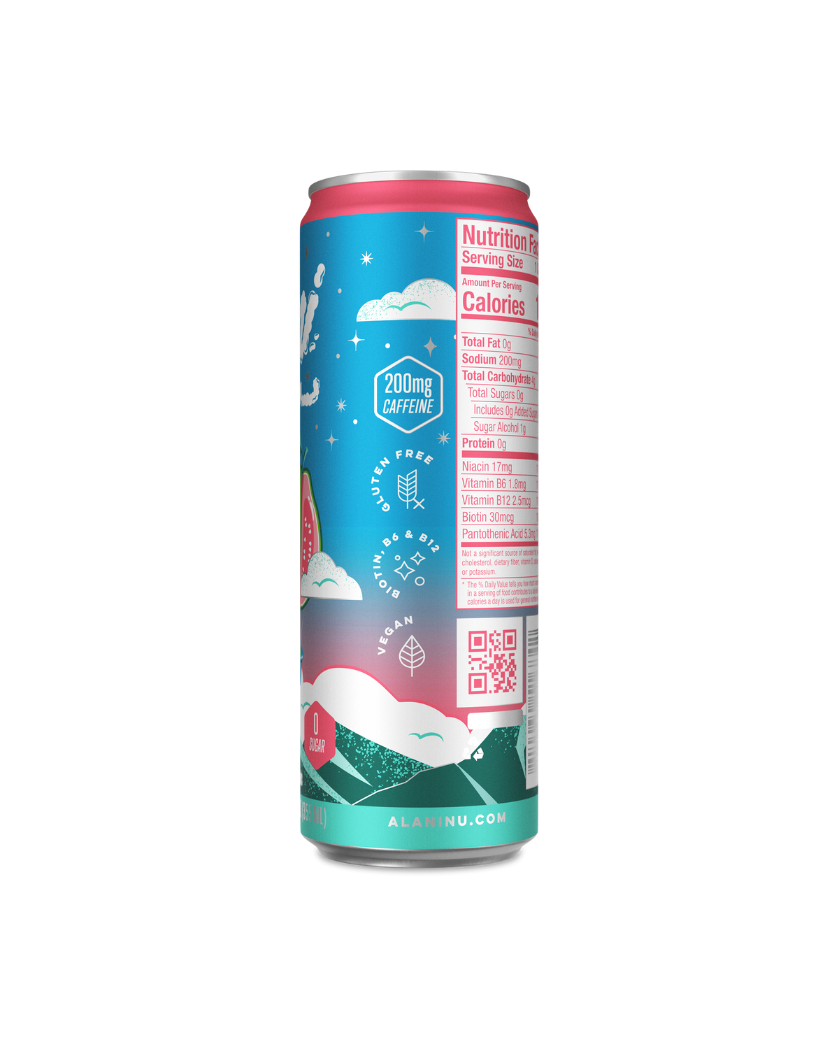 A side view of Energy Drink in Kiwi Guava flavor showcasing details of product.
