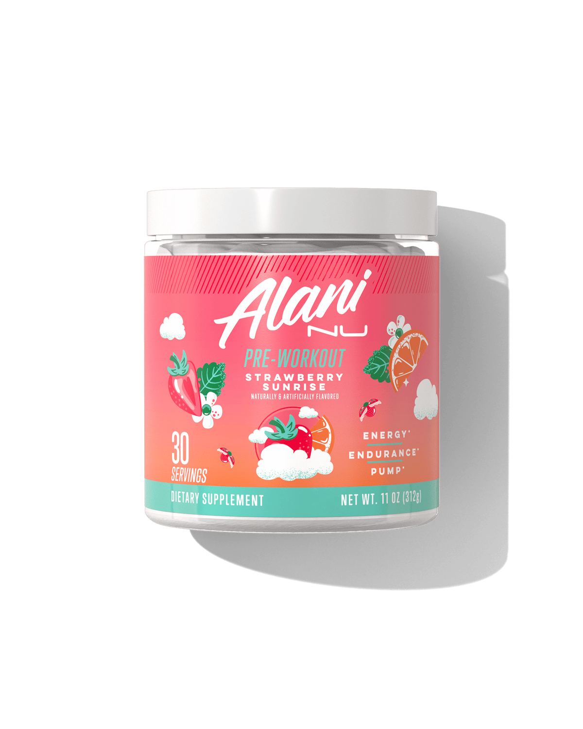 The front view of a 30-serve tub of Alani Nu Strawberry Sunrise Pre-Workout, naturally and artificially flavored and made to support energy, endurance, and pump.