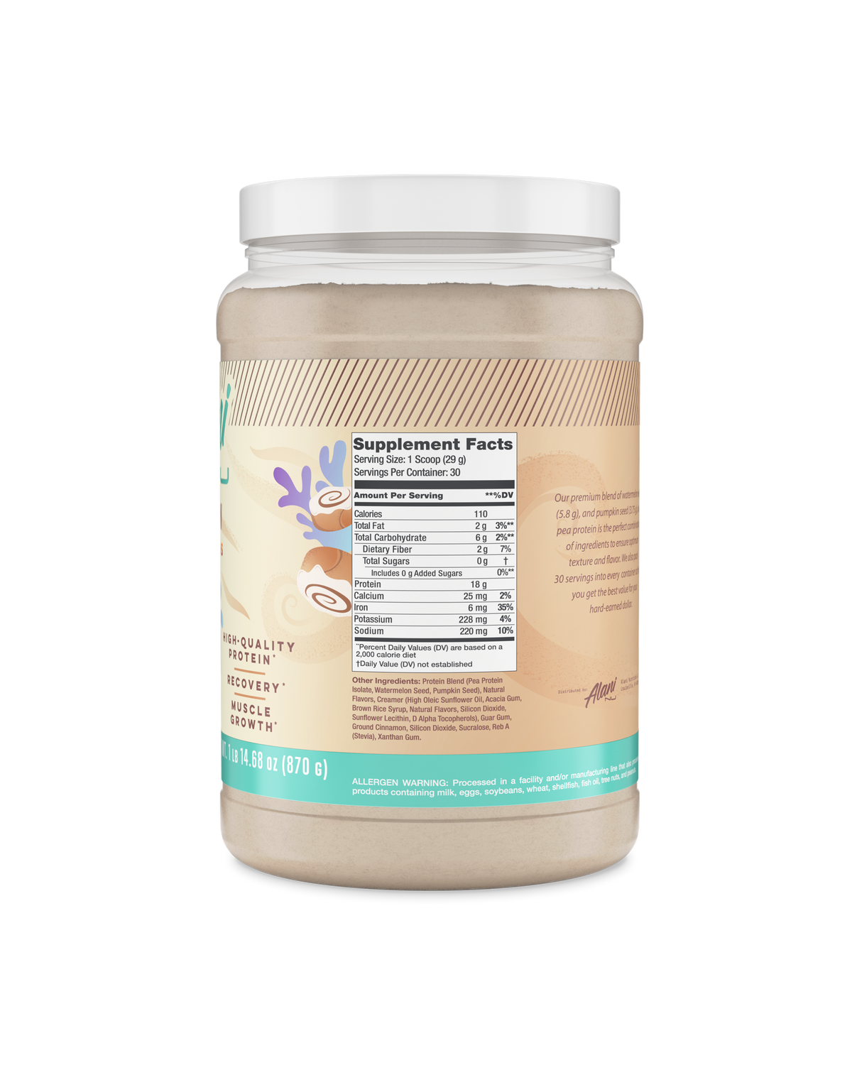 A back view of plant protein in Cinni Buns flavor showcasing supplement facts.