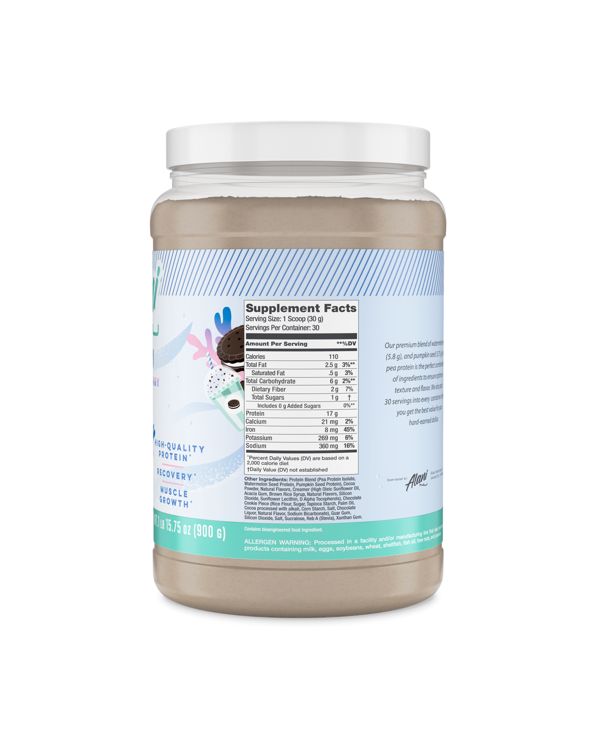 A back view of Plant Protein in Frosted Flurry flavor highlighting supplement facts. 