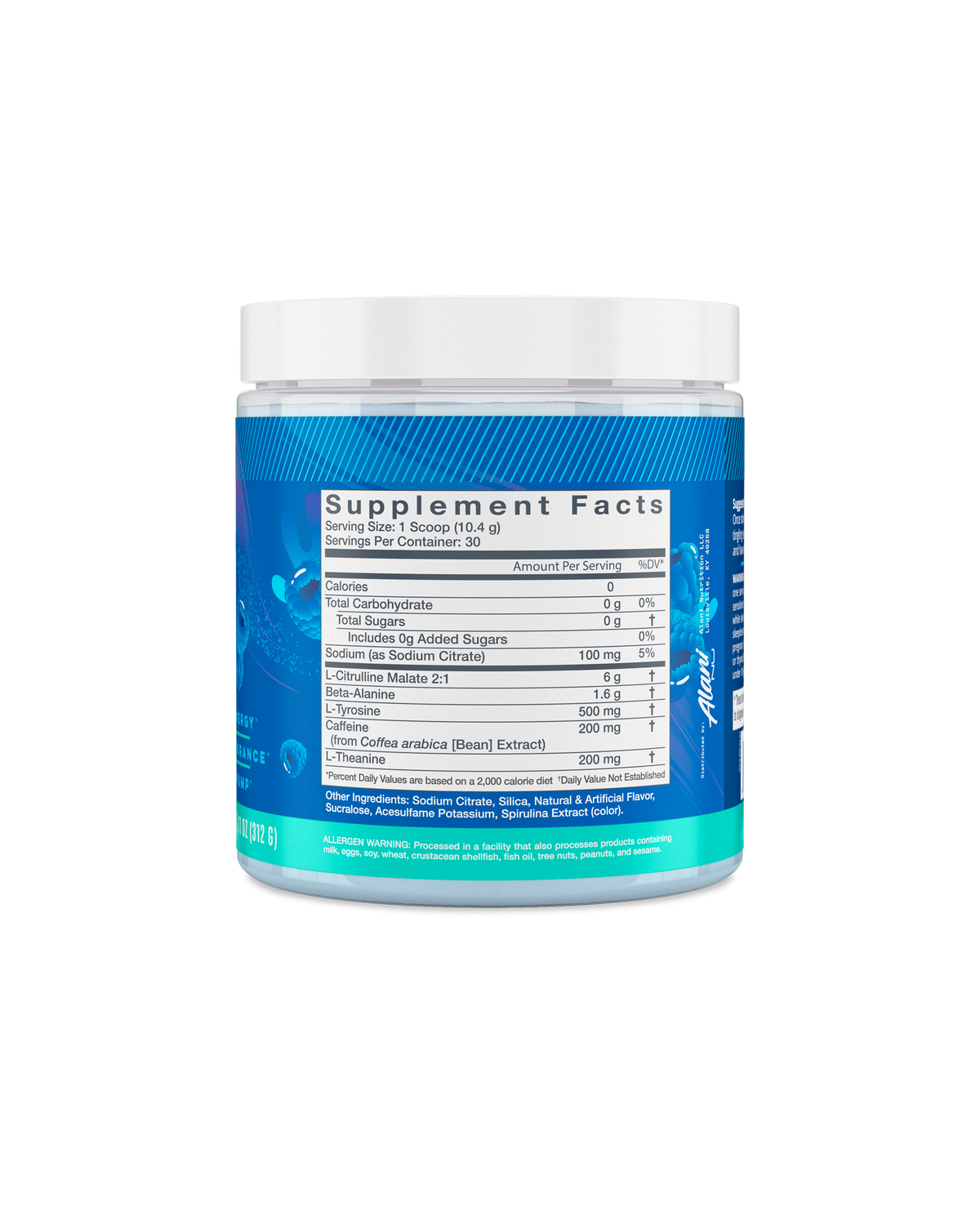 A back view of Pre-workout in Breezeberry flavor highlighting supplement facts.
