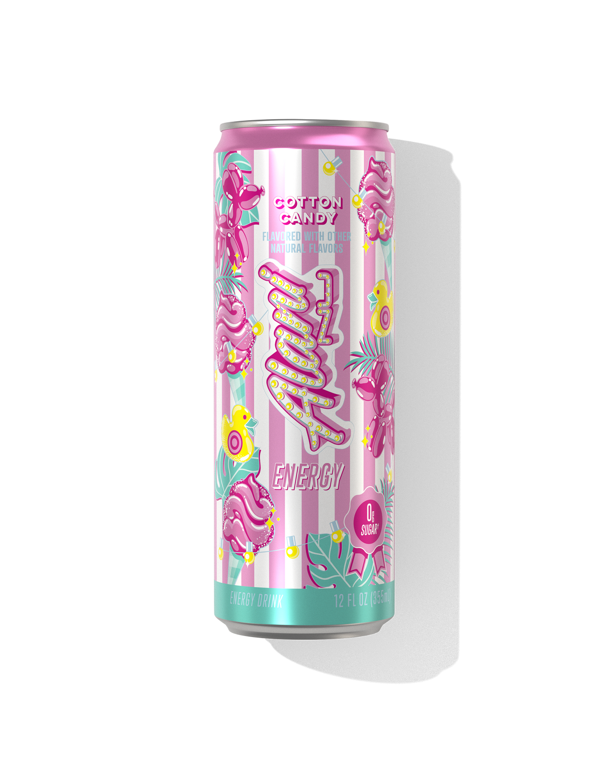 The front view of a sugar-free 12oz can of Cotton Candy Alani Nu Energy, flavored with other natural flavors.